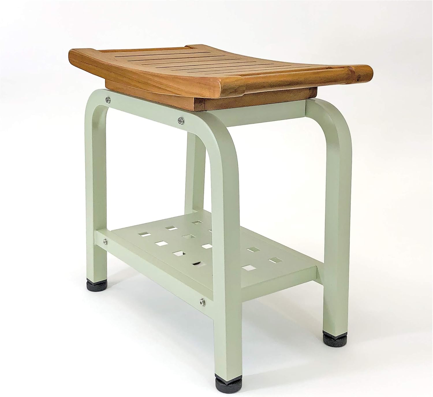 Ritz Shower Bench, Teak & Aluminum Shower/Bath/Spa/Patio Stool Bench, Chair/Side Table with Storage Shelf for Indoor/Outdoor, Adjustable TPR Foot Pads, B104/SGE (Light Sage)