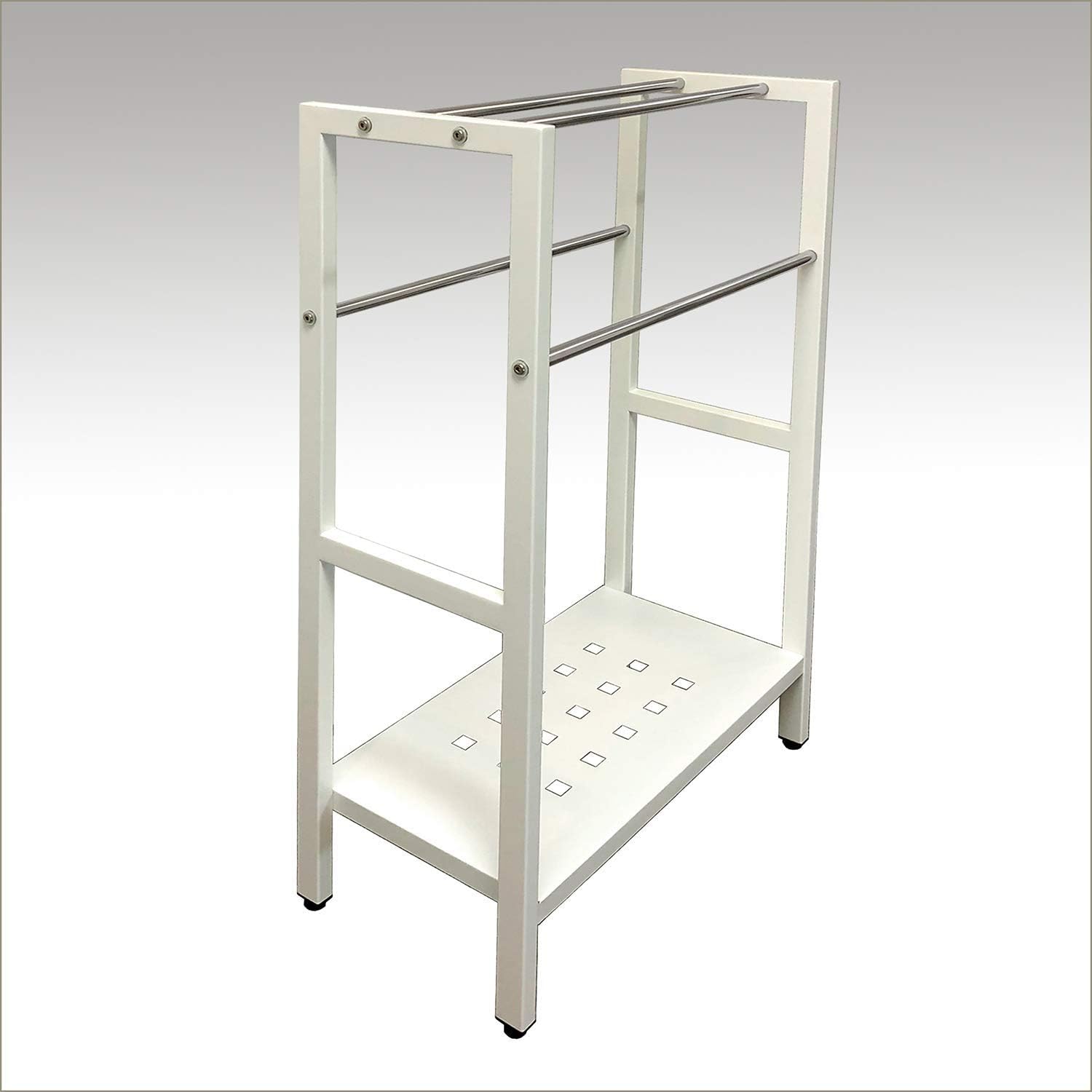 Asta Freestanding 4-Bar Towel Rack with Stainless Steel Towel Bars and Storage Shelf. Powder-Coated Metal Organizer with Adjustable TPR Levelers for Bath, Towels and Much More. (Light Beige)