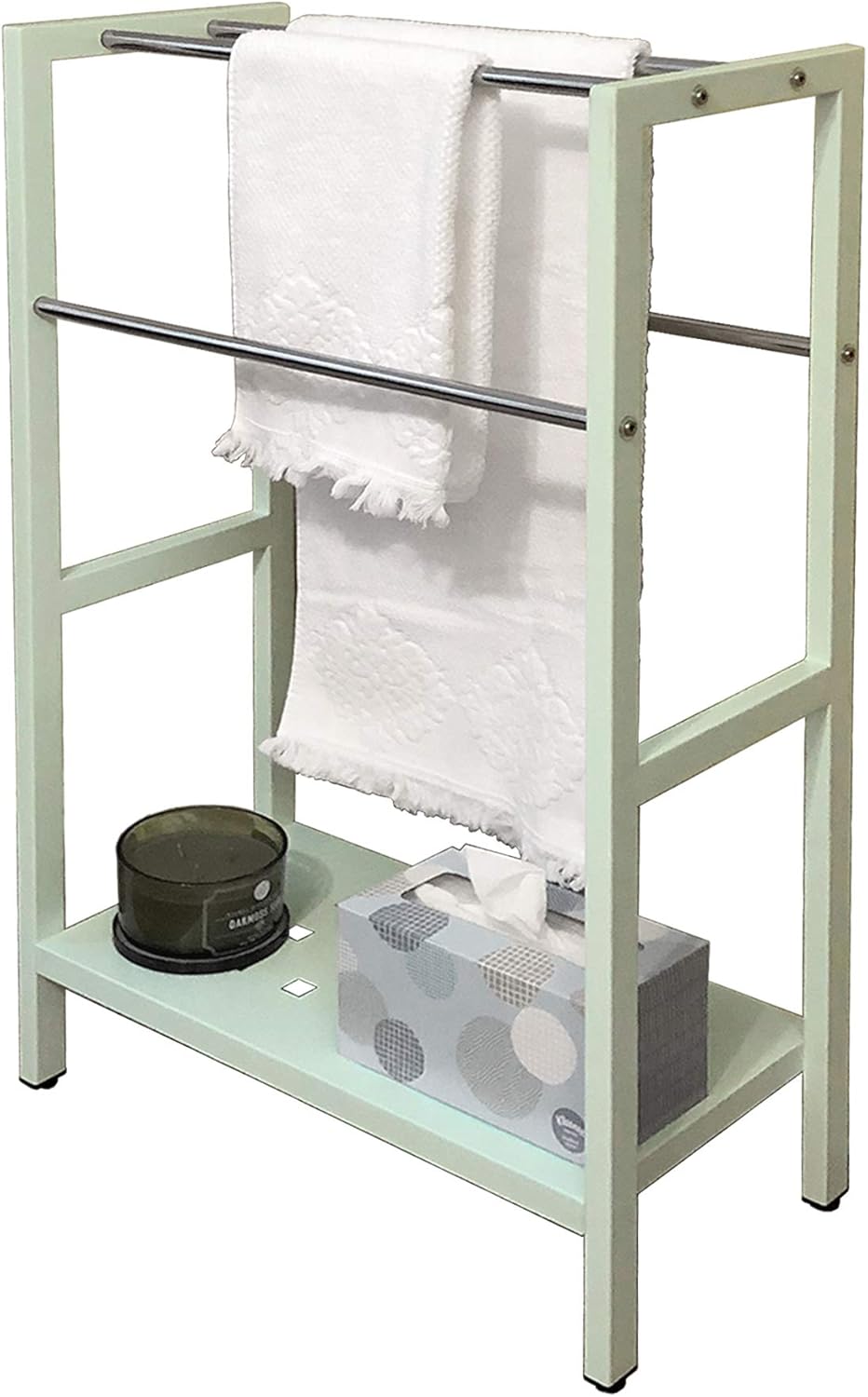 Asta Freestanding 4-Bar Towel Rack with Stainless Steel Towel Bars and Storage Shelf. Powder-Coated Metal Organizer with Adjustable TPR Levelers for Bath, Towels and Much More. (Light Sage)