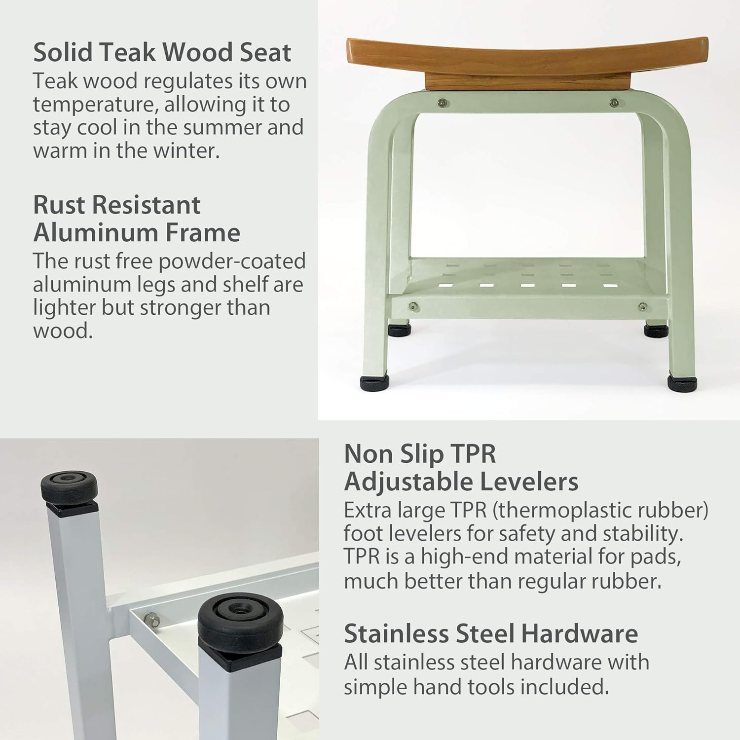 Bali Stool, Bench, Teak & Aluminum Shower/Bathroom/Spa/Patio/Swimming, Chair/Side Table Indoor/Outdoor, Adjustable TPR Foot Pads, B103/SGE (Light Sage)