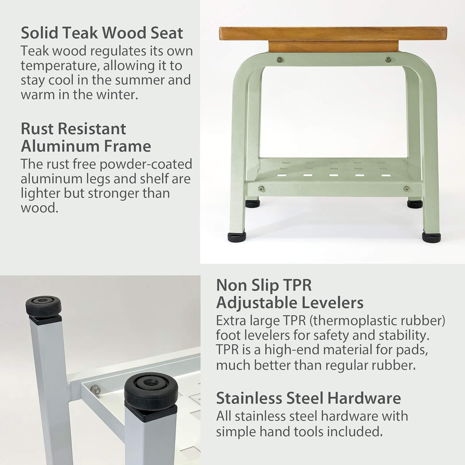Maya Stool Bench, Teak & Aluminum Shower/Bath/Spa/Patio/Swimming/Pool/Beach , Chair/Side Table for Indoor/Outdoor, Adjustable TPR Foot Pads, Light Sage