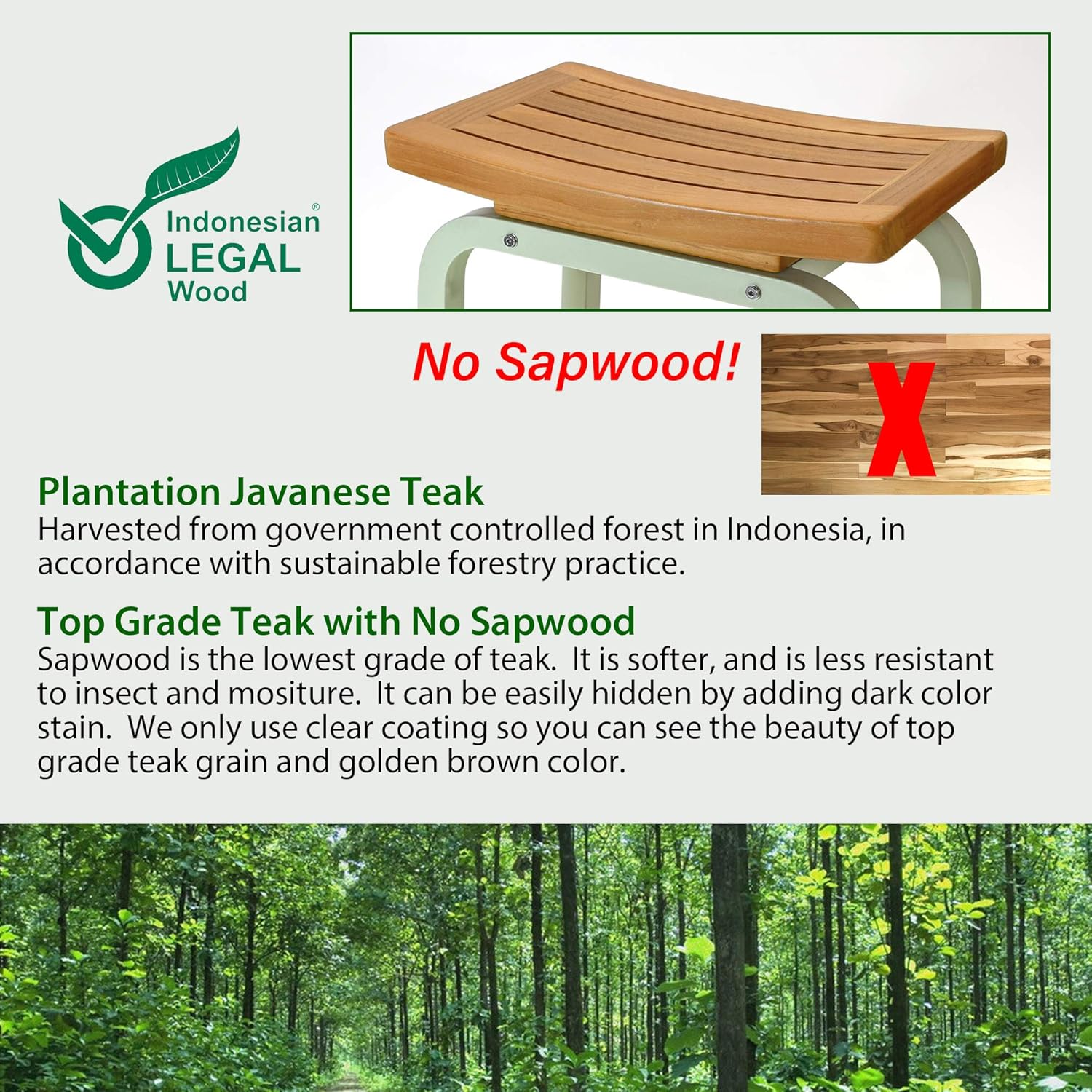 Bali Stool, Bench, Teak & Aluminum Shower/Bathroom/Spa/Patio/Swimming, Chair/Side Table Indoor/Outdoor, Adjustable TPR Foot Pads, B103/SGE (Light Sage)