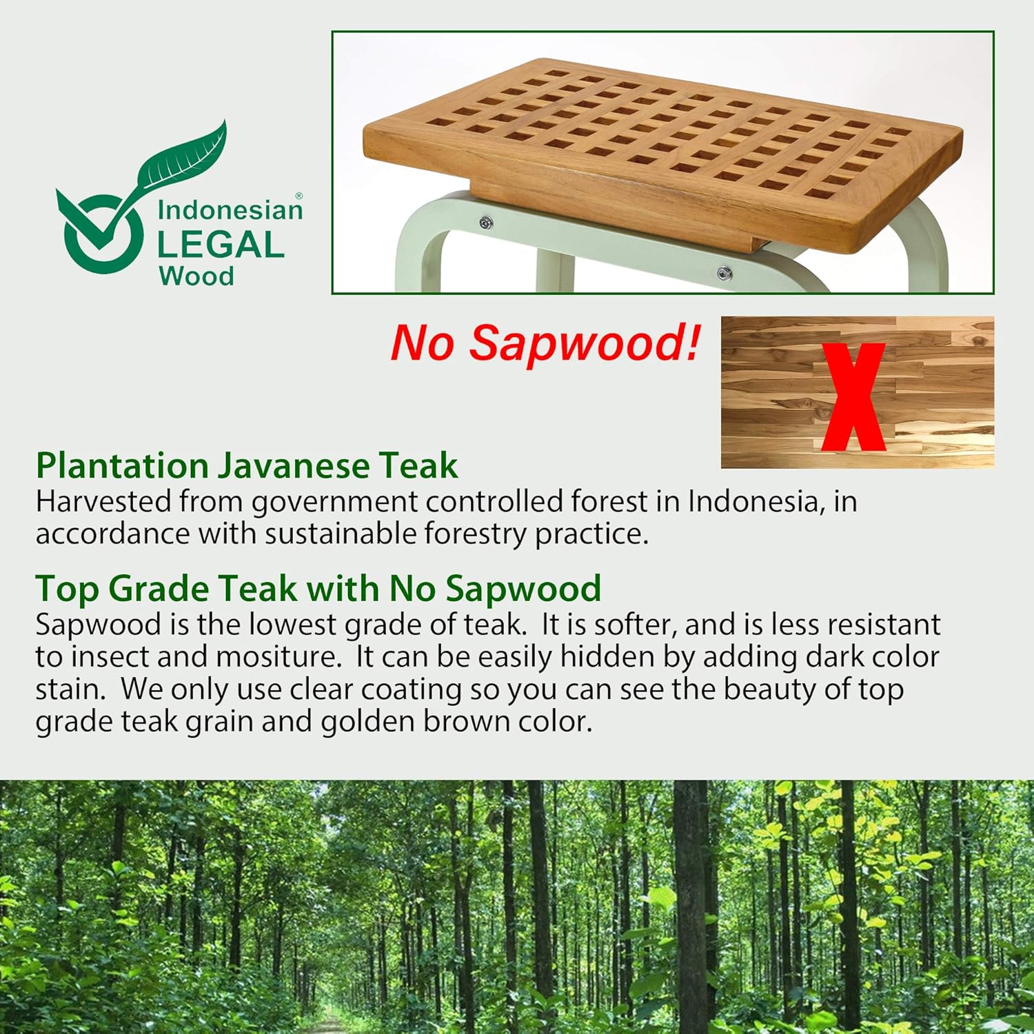 Maya Stool Bench, Teak & Aluminum Shower/Bath/Spa/Patio/Swimming/Pool/Beach , Chair/Side Table for Indoor/Outdoor, Adjustable TPR Foot Pads, Light Sage