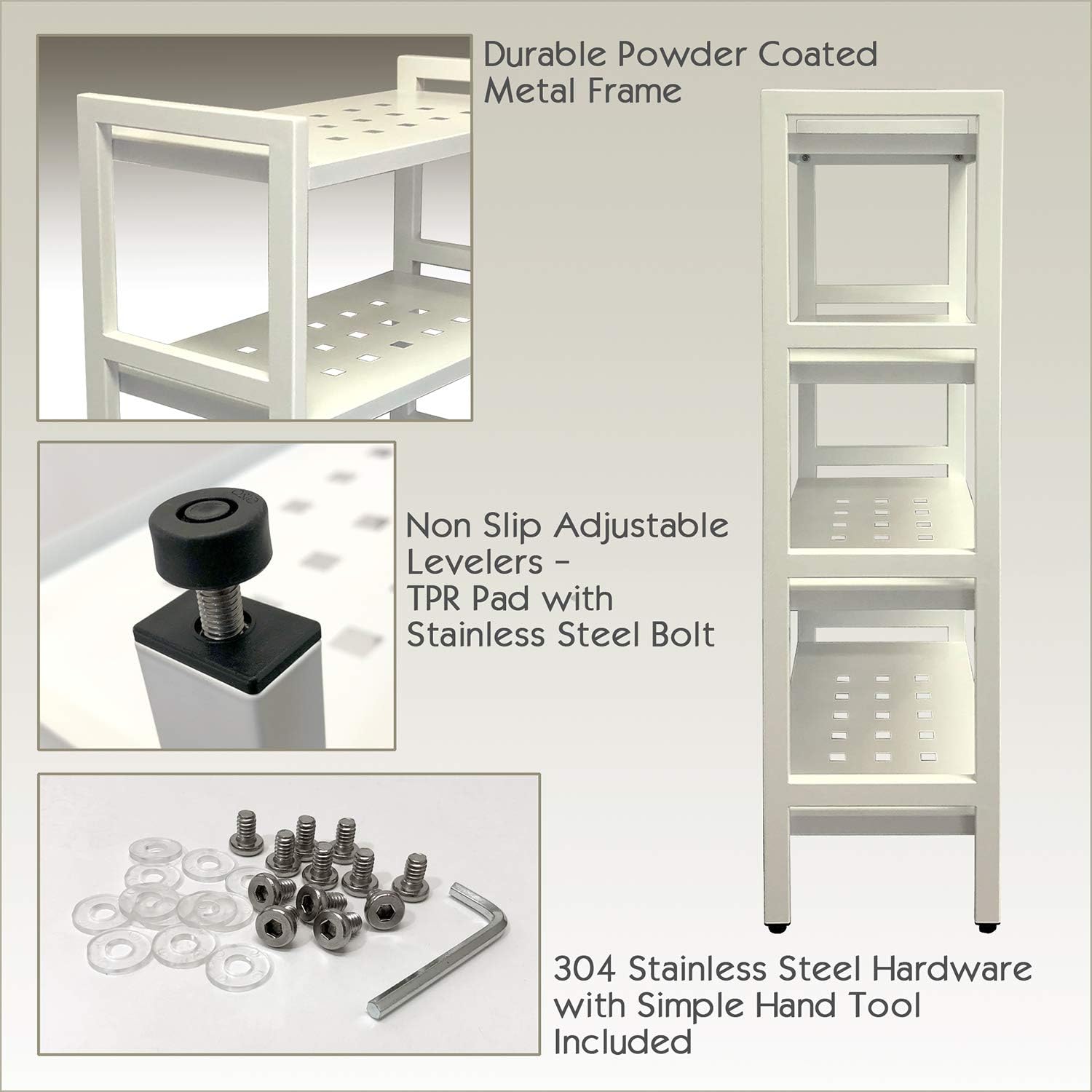Asta 4-Tier Free Standing Rectangular Bathroom Utility Storage Shelf Rack, Powder-Coated Metal Storage Shelf Stand, B302/BGE (Light Beige)