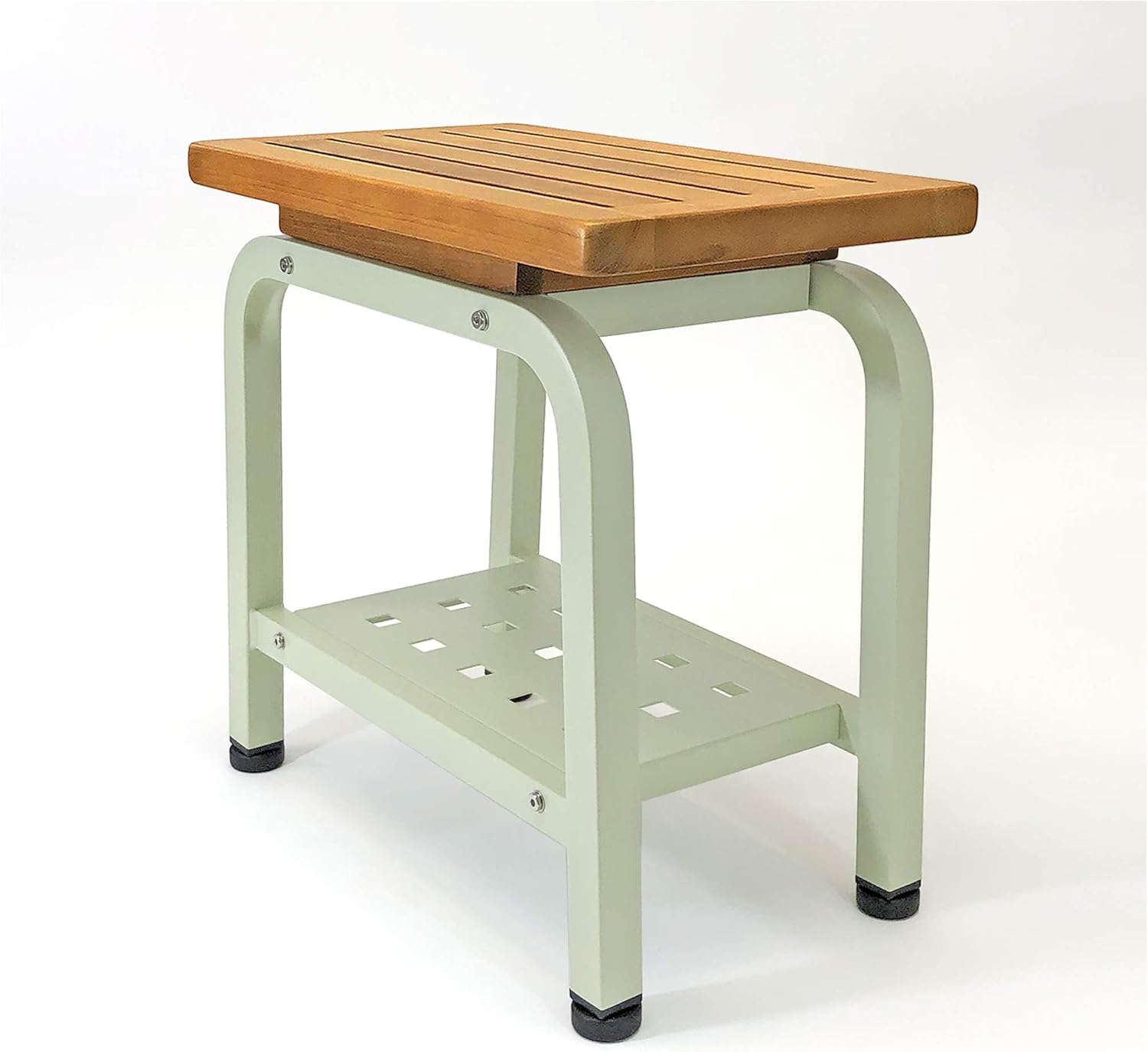 Aman Stool Bench, Teak & Aluminum Shower/Bath/Spa/Patio/Swimming/Pool/Beach , Chair/Side Table for Indoor/Outdoor, Adjustable TPR Foot Pads, Light Sage