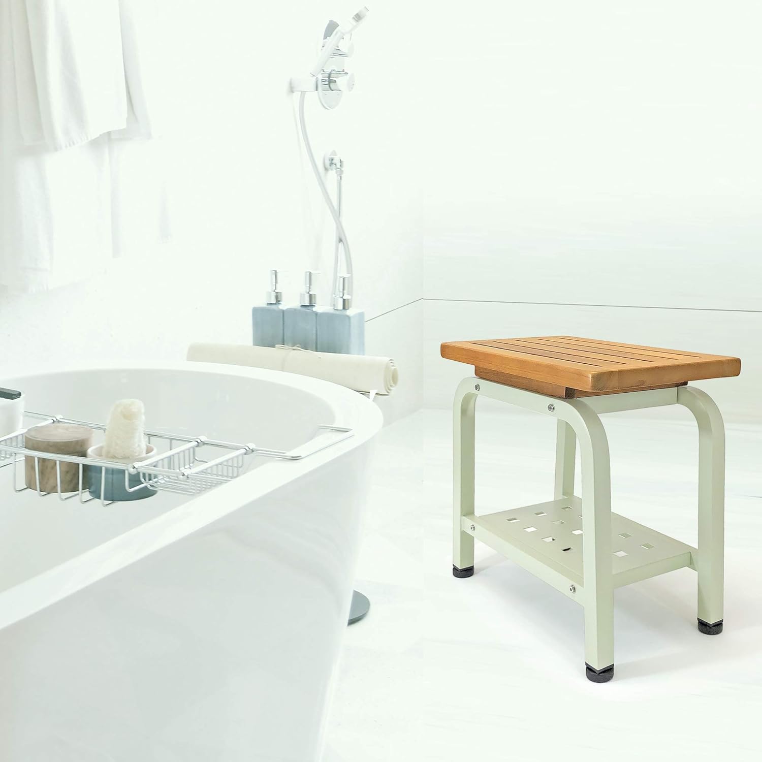 Aman Stool Bench, Teak & Aluminum Shower/Bath/Spa/Patio/Swimming/Pool/Beach , Chair/Side Table for Indoor/Outdoor, Adjustable TPR Foot Pads, Light Sage