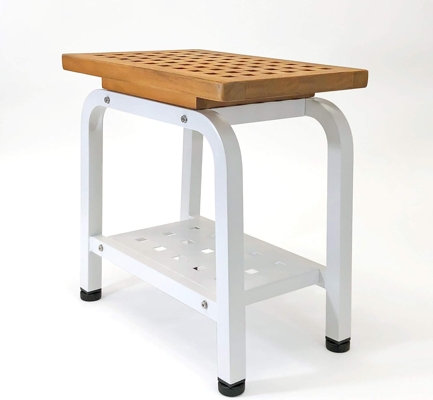 Maya Shower Bench, Teak & Aluminum Shower/Bath/Spa/Patio Stool Bench, Chair/Side Table with Storage Shelf for Indoor/Outdoor, Adjustable TPR Foot Pads, B102/BGE Light Beige