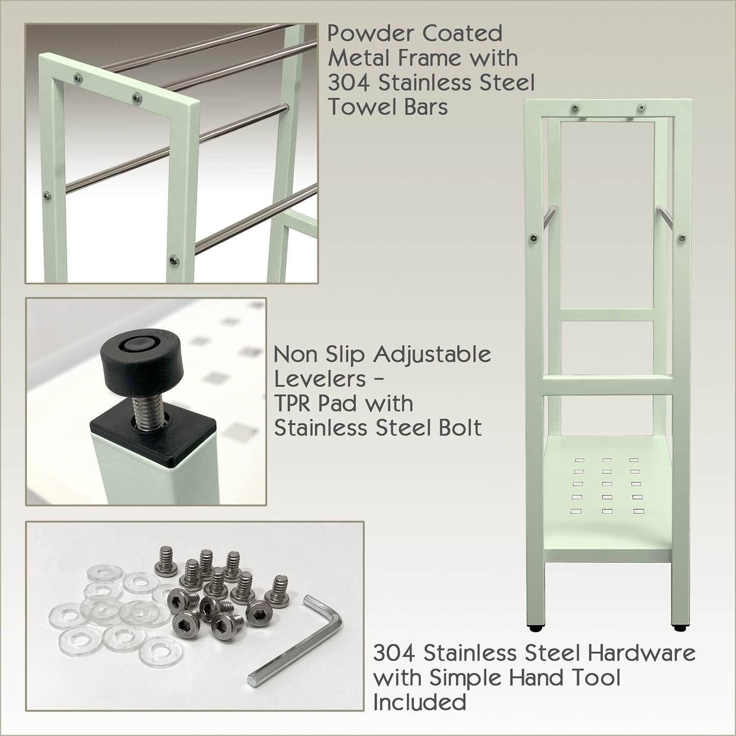 Asta Freestanding 4-Bar Towel Rack with Stainless Steel Towel Bars and Storage Shelf. Powder-Coated Metal Organizer with Adjustable TPR Levelers for Bath, Towels and Much More. (Light Sage)
