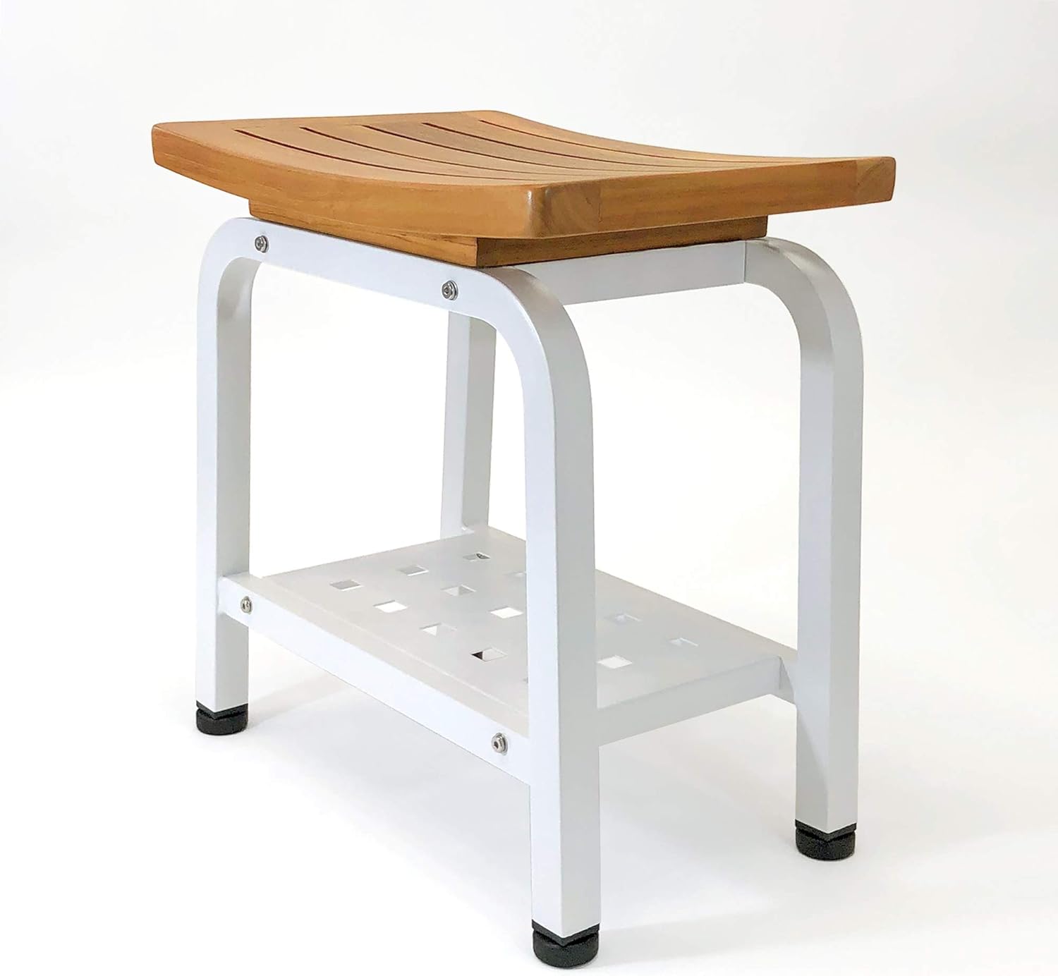 Bali Stool, Bench, Teak & Aluminum Shower/Bathroom/Spa/Patio/Swimming, Chair/Side Table Indoor/Outdoor, Adjustable TPR Foot Pads, B103/GRY (Light Gray)