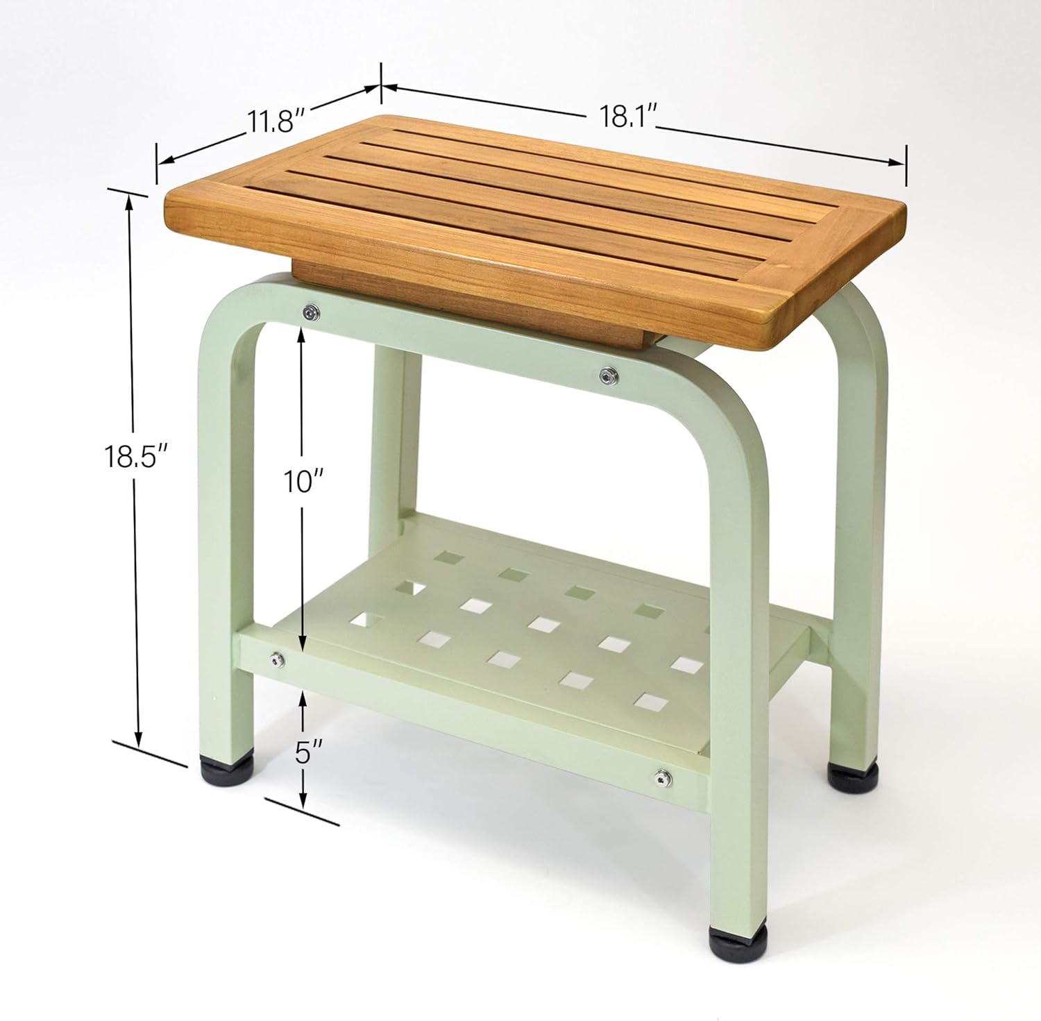 Aman Stool Bench, Teak & Aluminum Shower/Bath/Spa/Patio/Swimming/Pool/Beach , Chair/Side Table for Indoor/Outdoor, Adjustable TPR Foot Pads, Light Sage