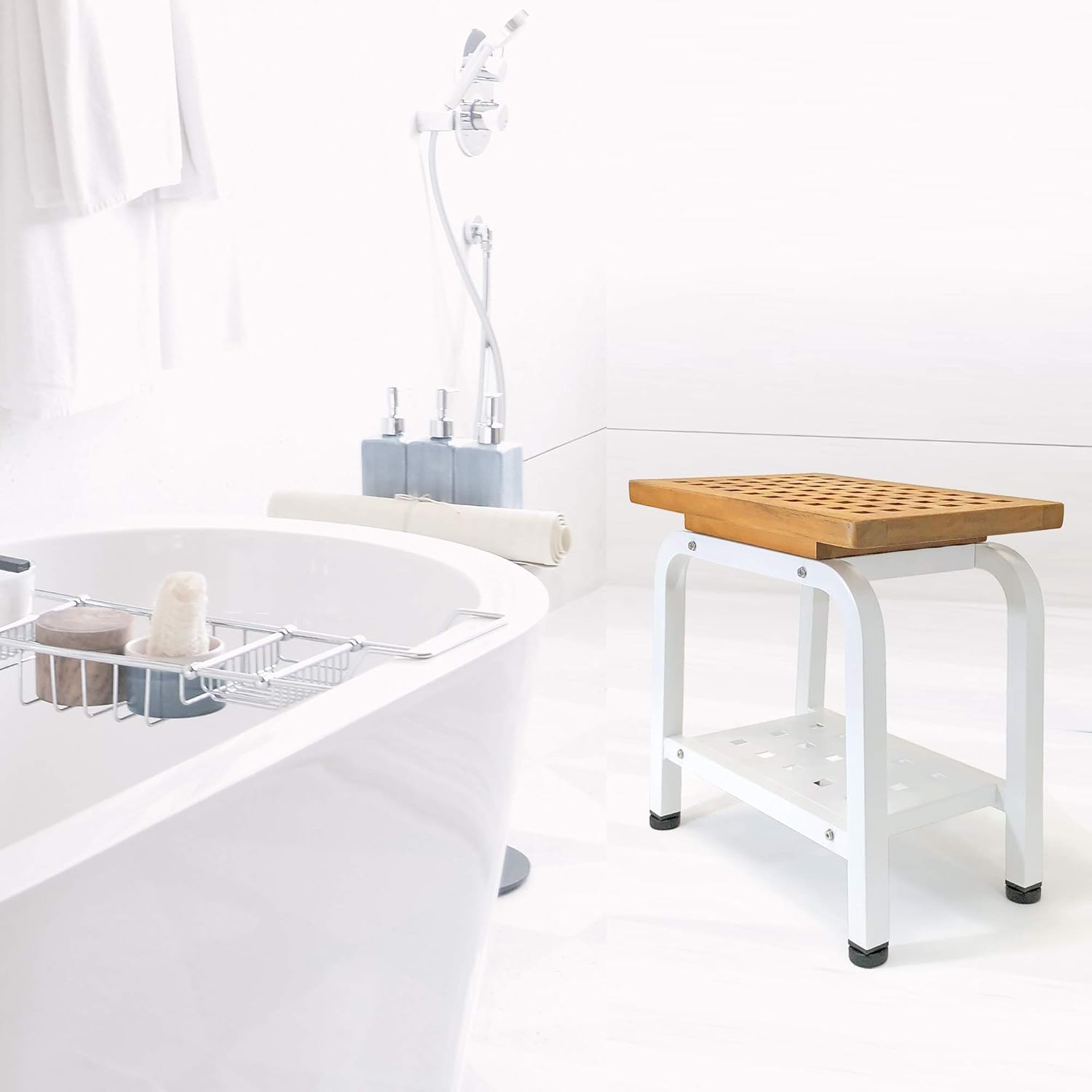 Maya Shower Bench, Teak & Aluminum Shower/Bath/Spa/Patio Stool Bench, Chair/Side Table with Storage Shelf for Indoor/Outdoor, Adjustable TPR Foot Pads, B102/BGE Light Beige