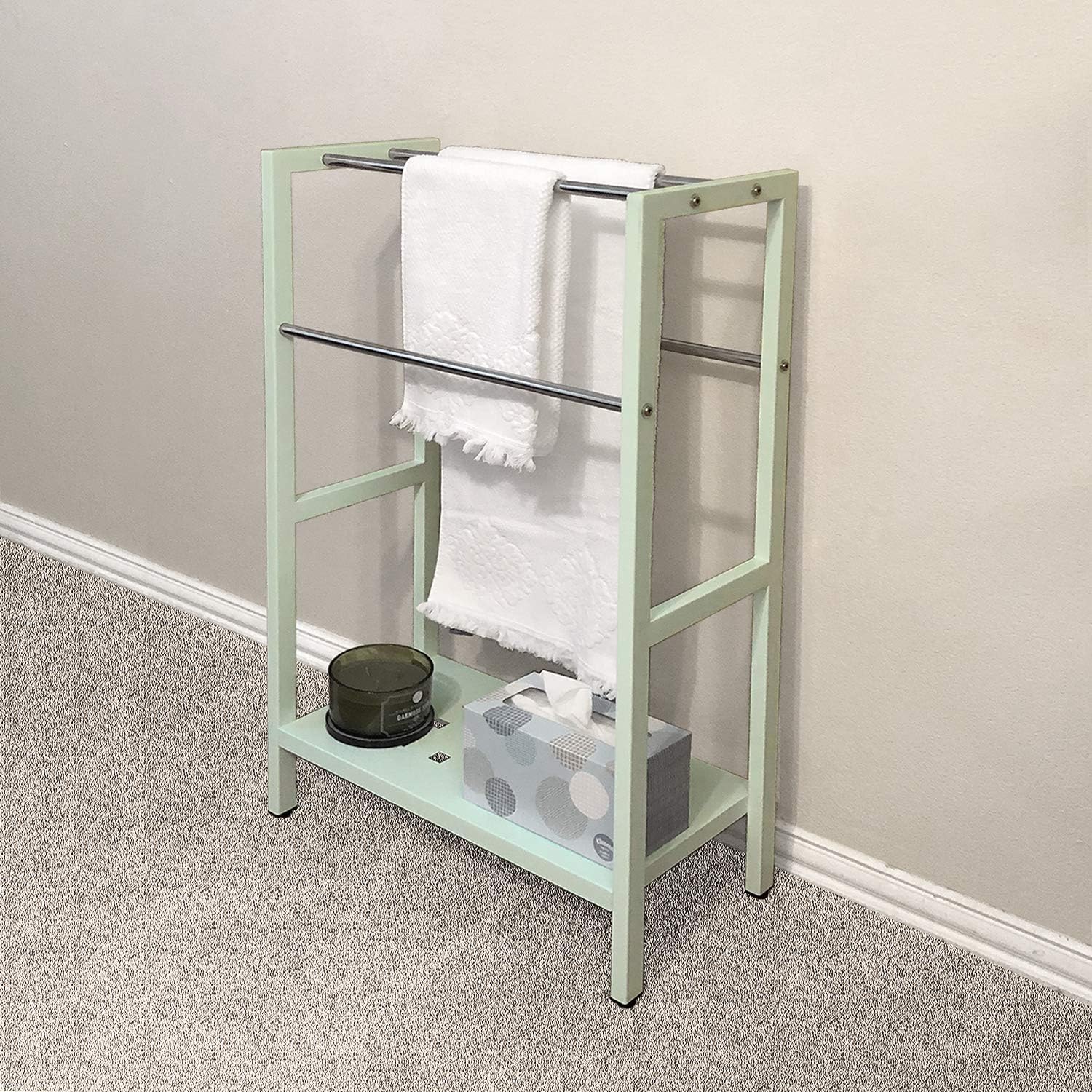 Asta Freestanding 4-Bar Towel Rack with Stainless Steel Towel Bars and Storage Shelf. Powder-Coated Metal Organizer with Adjustable TPR Levelers for Bath, Towels and Much More. (Light Sage)