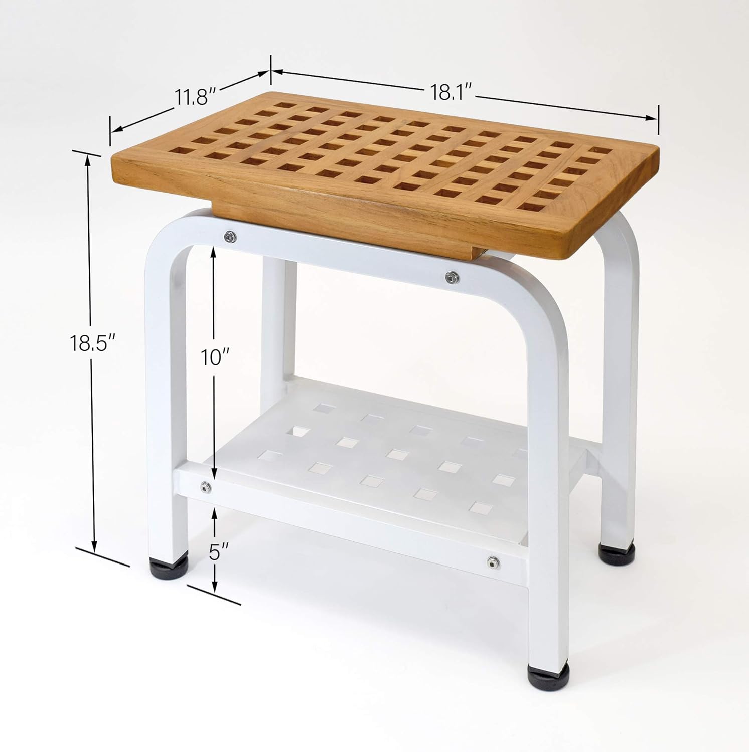 Maya Shower Bench, Teak & Aluminum Shower/Bath/Spa/Patio Stool Bench, Chair/Side Table with Storage Shelf for Indoor/Outdoor, Adjustable TPR Foot Pads, B102/BGE Light Beige