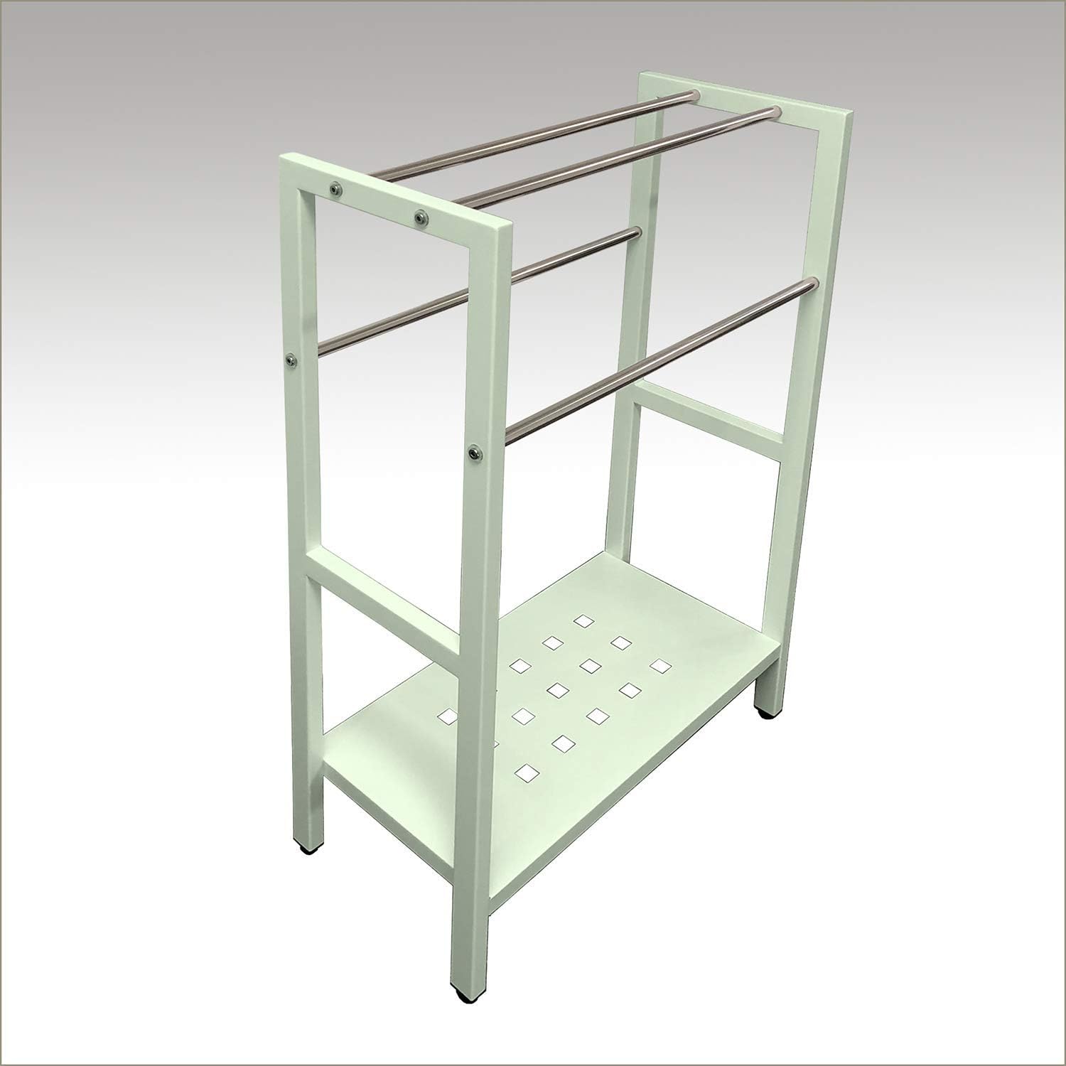 Asta Freestanding 4-Bar Towel Rack with Stainless Steel Towel Bars and Storage Shelf. Powder-Coated Metal Organizer with Adjustable TPR Levelers for Bath, Towels and Much More. (Light Sage)