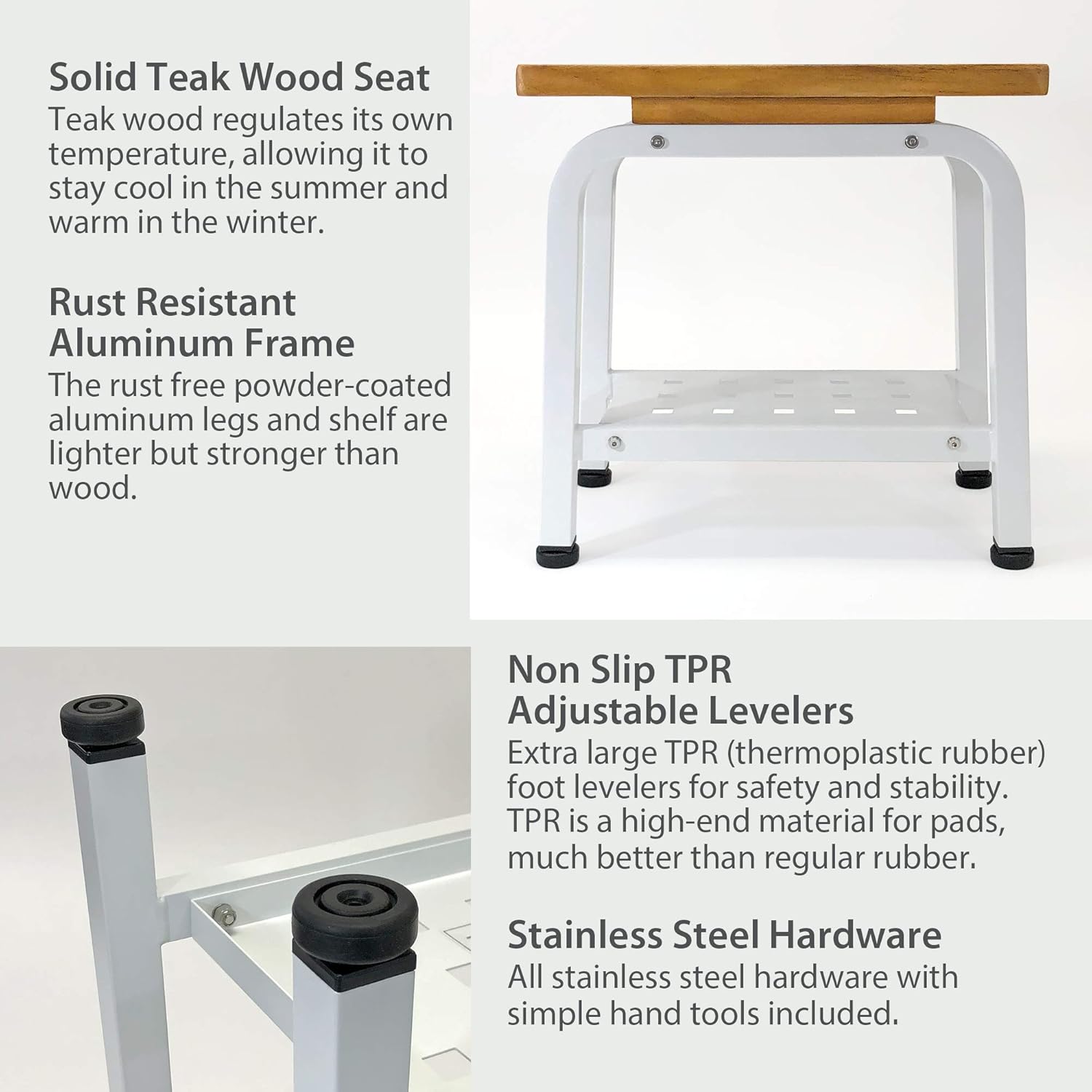 Maya Shower Bench, Teak & Aluminum Shower/Bath/Spa/Patio Stool Bench, Chair/Side Table with Storage Shelf for Indoor/Outdoor, Adjustable TPR Foot Pads, B102/BGE Light Beige