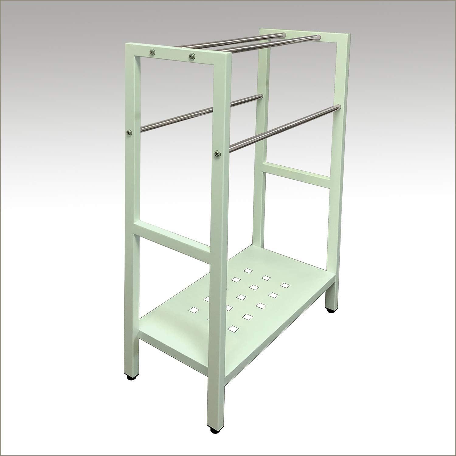 Asta Freestanding 4-Bar Towel Rack with Stainless Steel Towel Bars and Storage Shelf. Powder-Coated Metal Organizer with Adjustable TPR Levelers for Bath, Towels and Much More. (Light Sage)