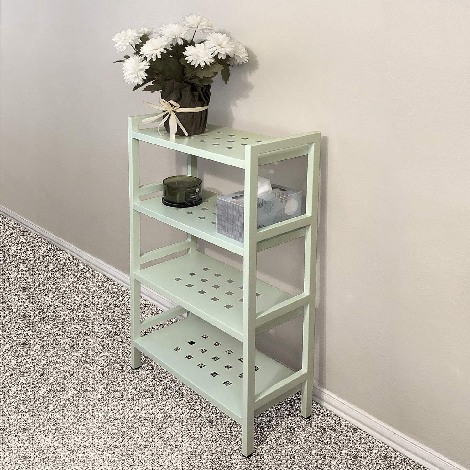 Asta Shelf Rack 4-Tier Free Standing Rectangular Bathroom Swimming Pool, Utility Storage, indoor/ourdoor, Powder-Coated Metal Storage Shelf Stand, Light Sage
