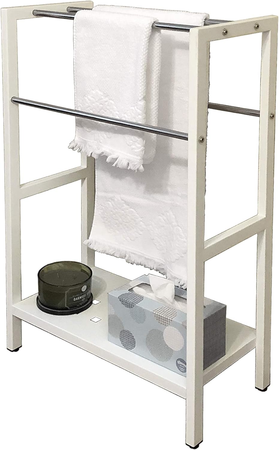Asta Freestanding 4-Bar Towel Rack with Stainless Steel Towel Bars and Storage Shelf. Powder-Coated Metal Organizer with Adjustable TPR Levelers for Bath, Towels and Much More. (Light Beige)