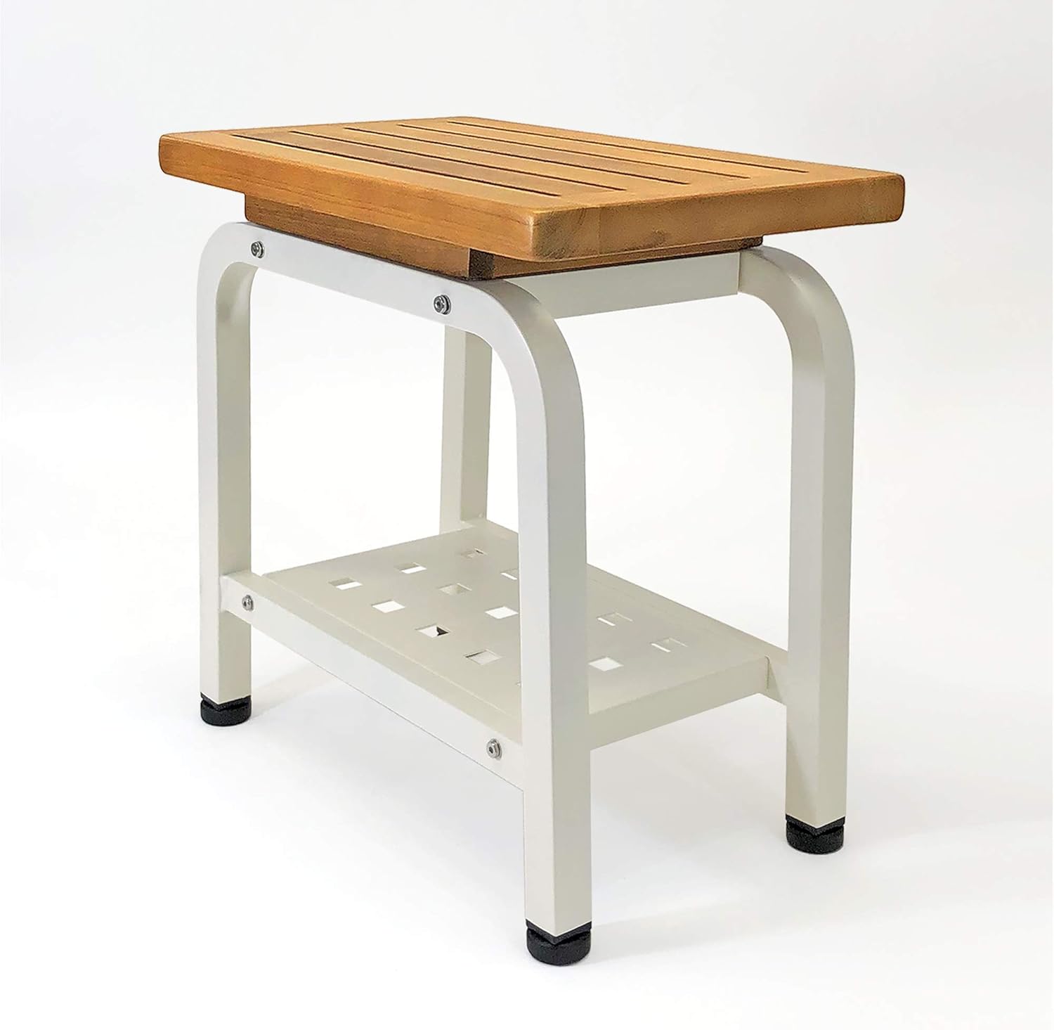 Aman Stool Bench, Teak & Aluminum Shower/Bath/Spa/Patio/Swimming/Pool/Beach , Chair/Side Table for Indoor/Outdoor, Adjustable TPR Foot Pads, (Light Beige)