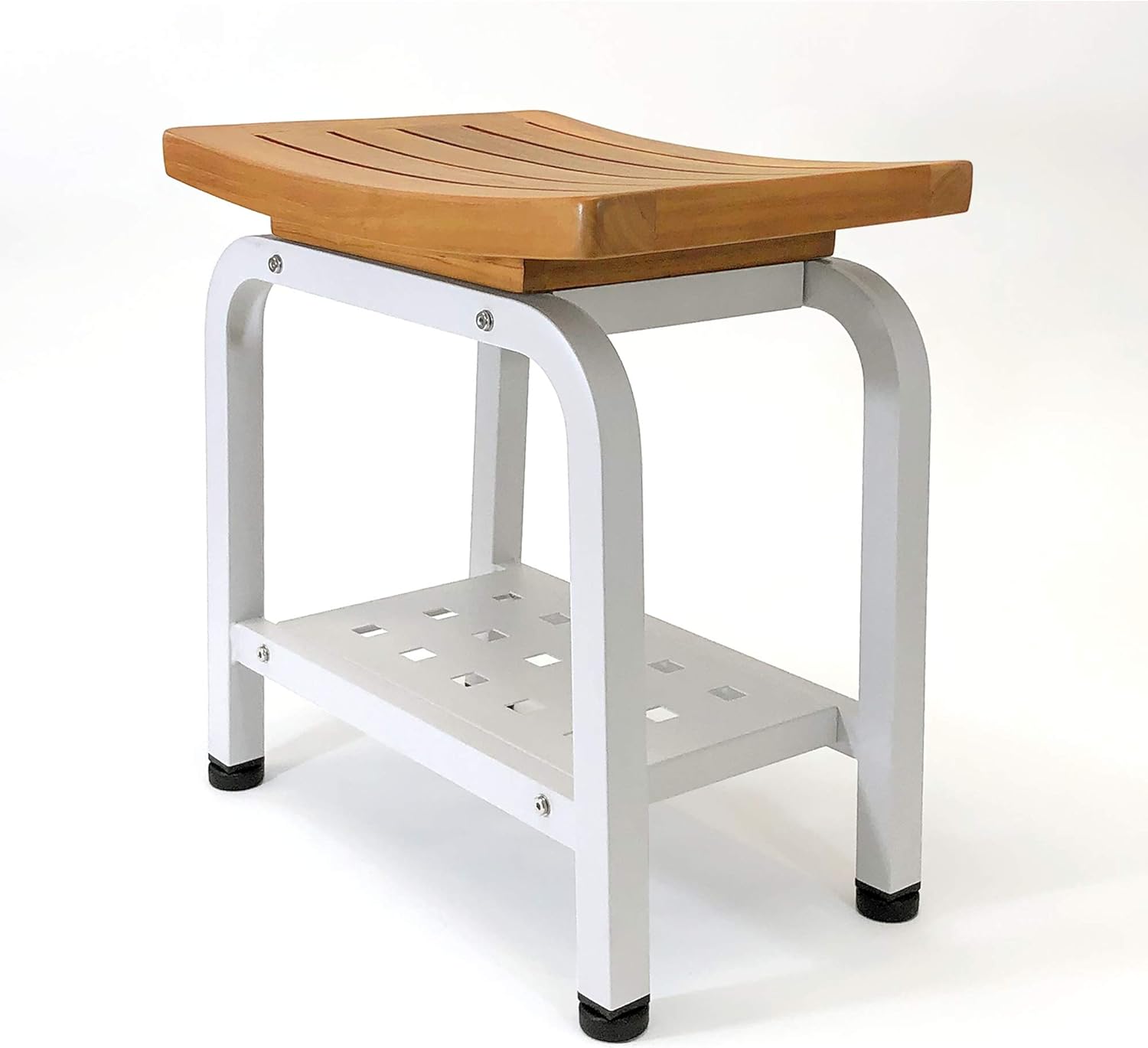 Bali Stool, Bench, Teak & Aluminum Shower/Bathroom/Spa/Patio/Swimming, Chair/Side Table Indoor/Outdoor, Adjustable TPR Foot Pads, B103/WHT (Pure White)