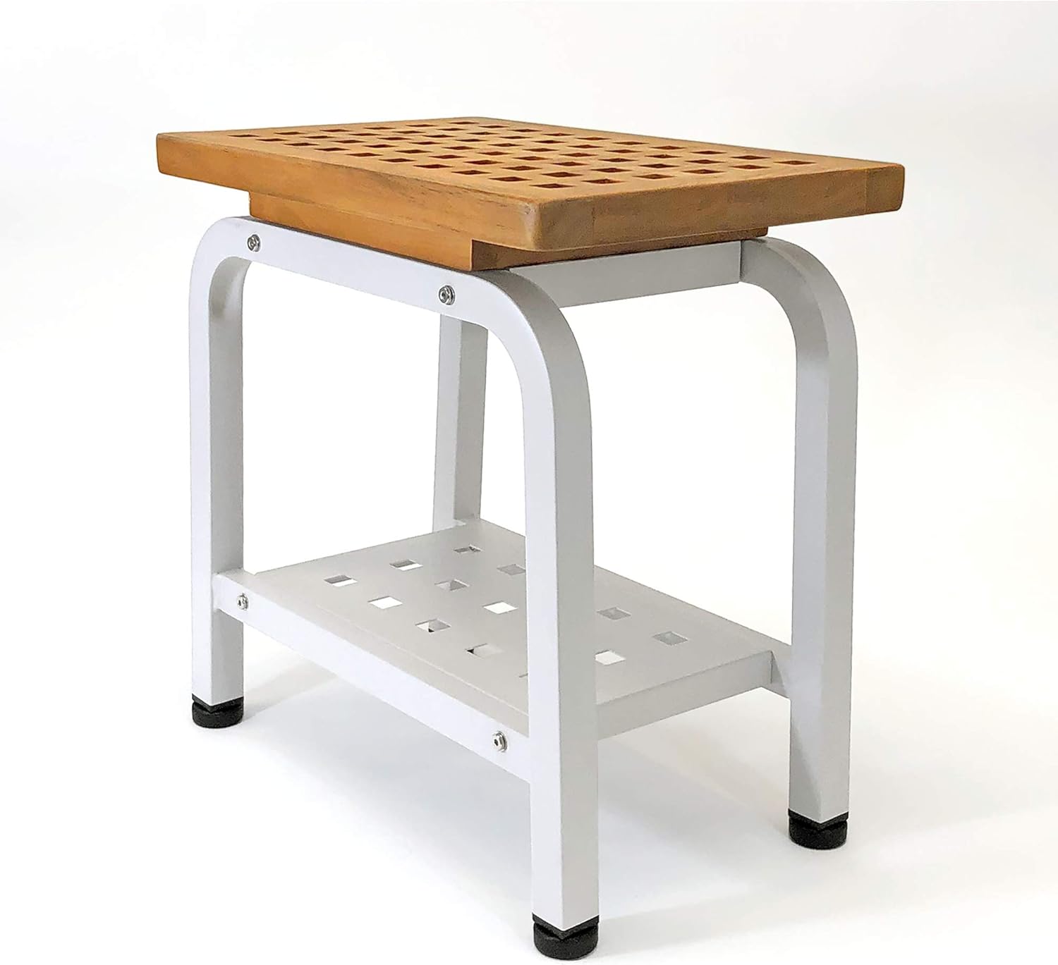 Maya Stool Bench, Teak & Aluminum Shower/Bath/Spa/Patio/Swimming/Pool/Beach , Chair/Side Table for Indoor/Outdoor, Adjustable TPR Foot Pads, (Pure White)