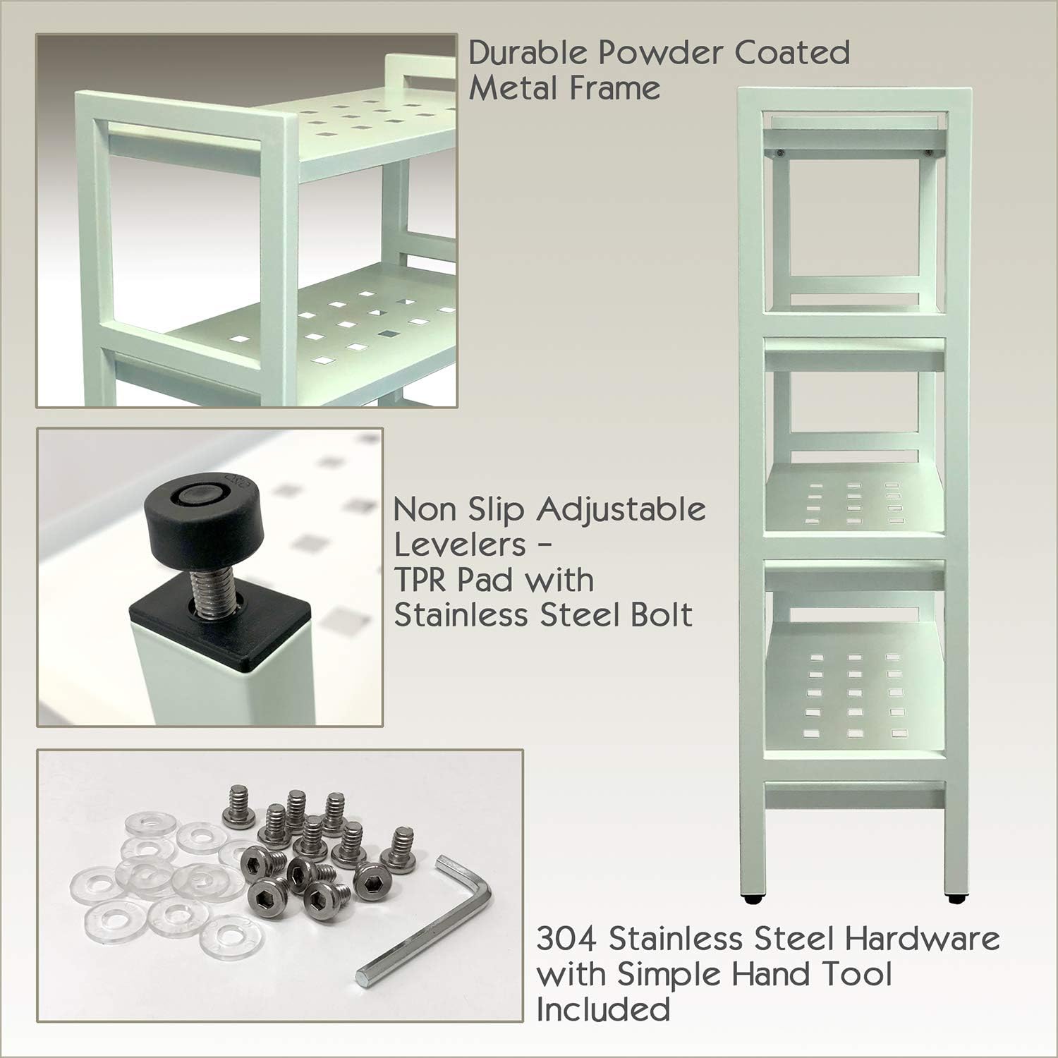 Asta Shelf Rack 4-Tier Free Standing Rectangular Bathroom Swimming Pool, Utility Storage, indoor/ourdoor, Powder-Coated Metal Storage Shelf Stand, Light Sage