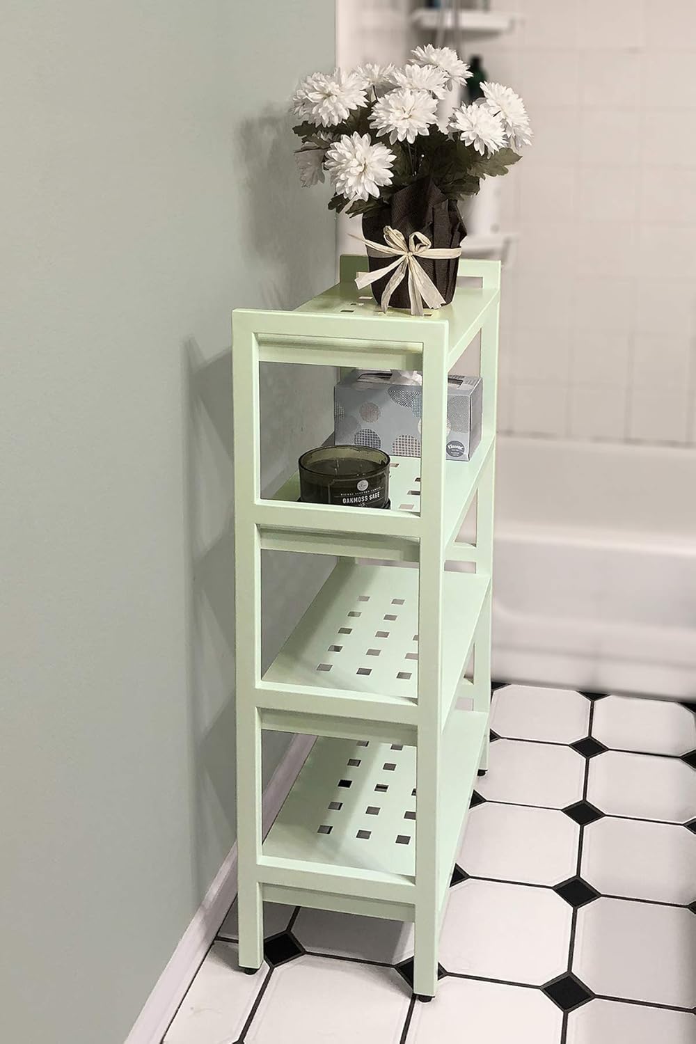 Asta Shelf Rack 4-Tier Free Standing Rectangular Bathroom Swimming Pool, Utility Storage, indoor/ourdoor, Powder-Coated Metal Storage Shelf Stand, Light Sage