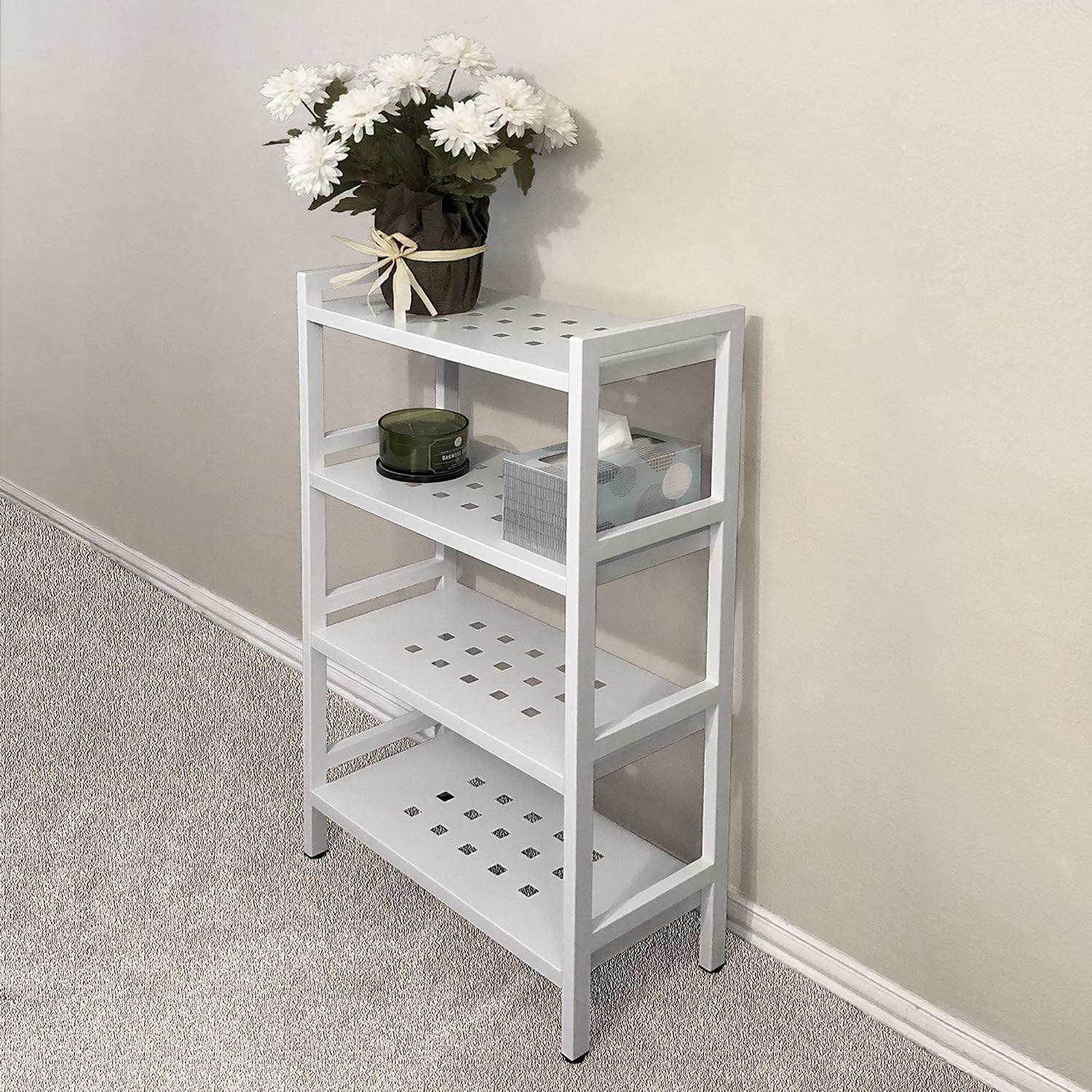 Asta 4-Tier Free Standing Rectangular Bathroom Utility Storage Shelf Rack, Powder-Coated Metal Storage Shelf Stand, Light Grey, 22W x 11D x 40H