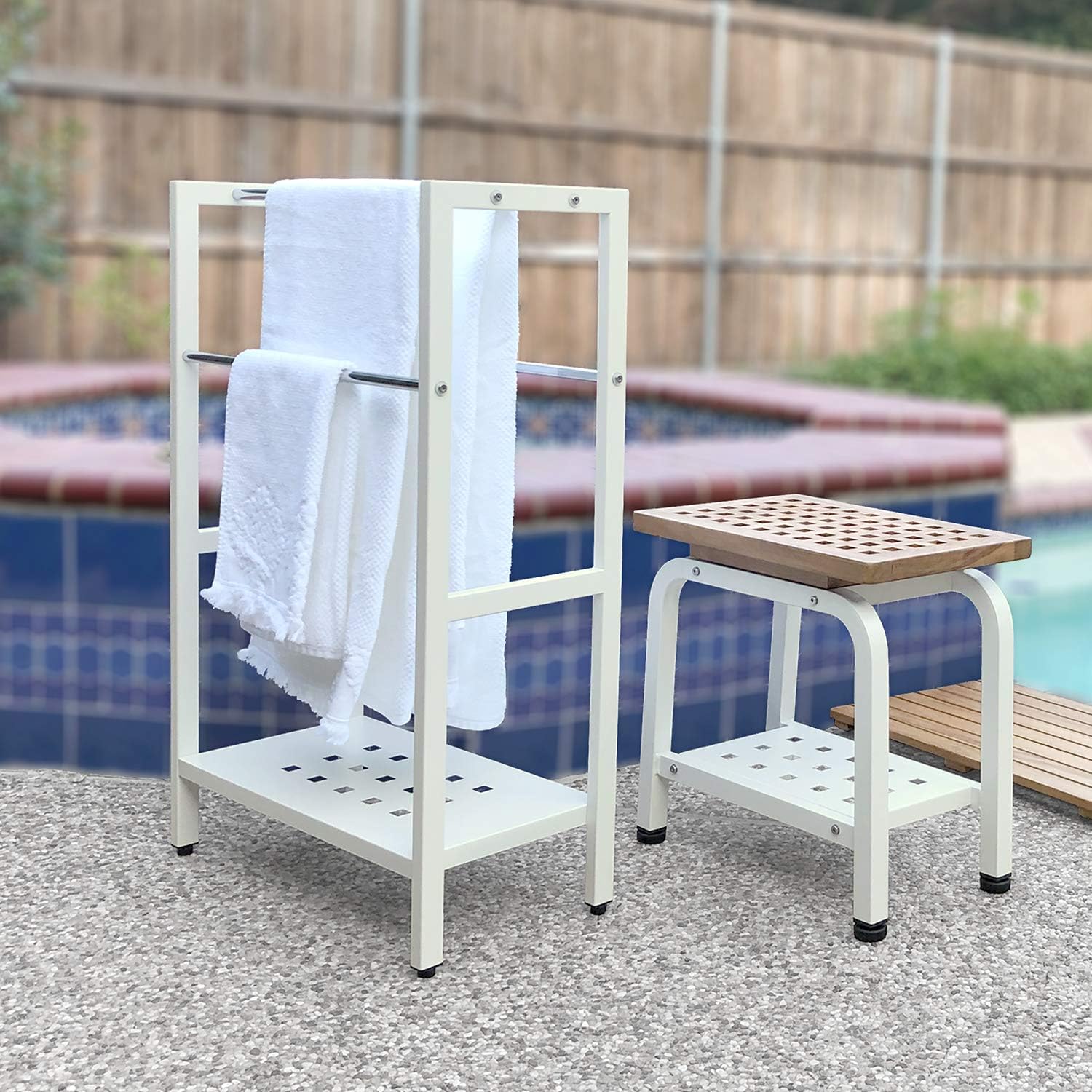 Asta Freestanding 4-Bar Towel Rack with Stainless Steel Towel Bars and Storage Shelf. Powder-Coated Metal Organizer with Adjustable TPR Levelers for Bath, Towels and Much More. (Light Beige)