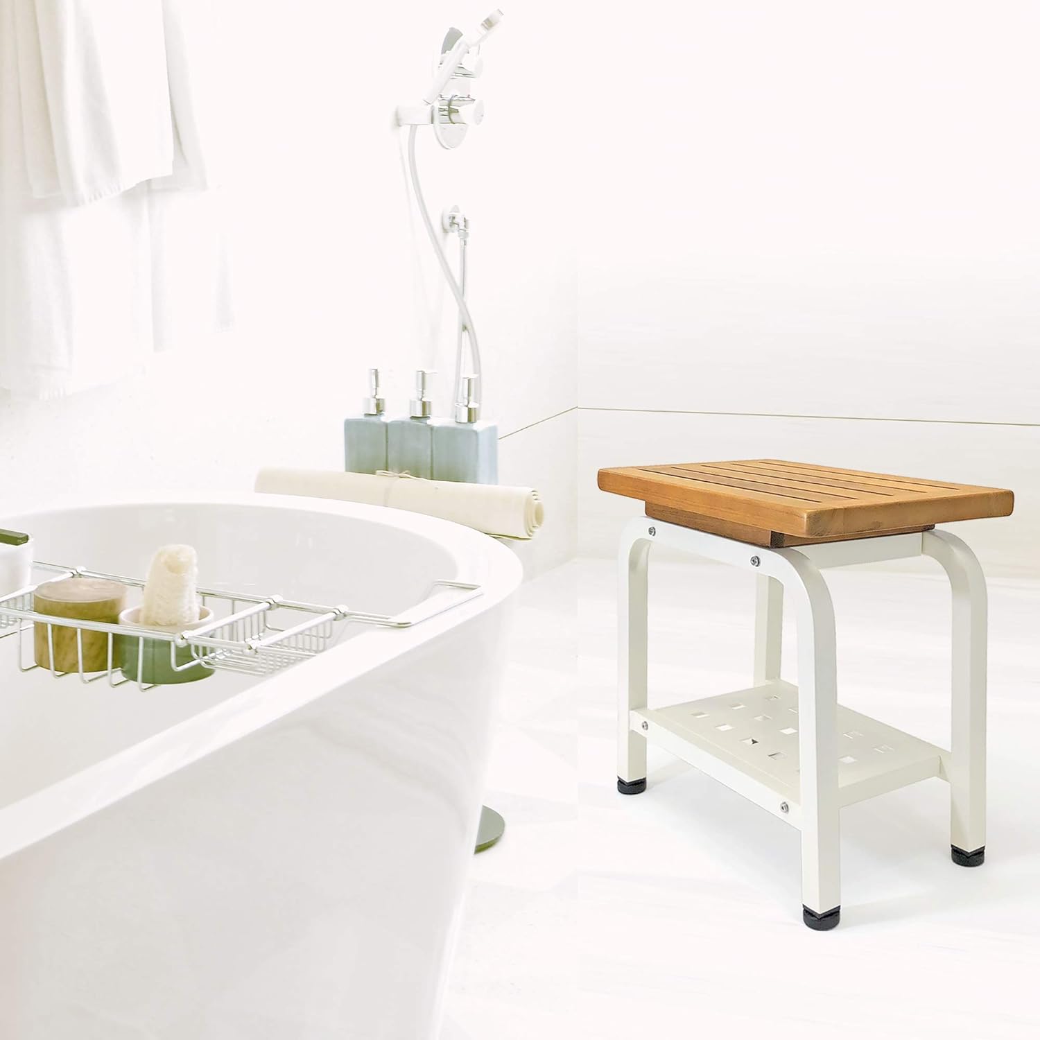 Aman Stool Bench, Teak & Aluminum Shower/Bath/Spa/Patio/Swimming/Pool/Beach , Chair/Side Table for Indoor/Outdoor, Adjustable TPR Foot Pads, (Light Beige)