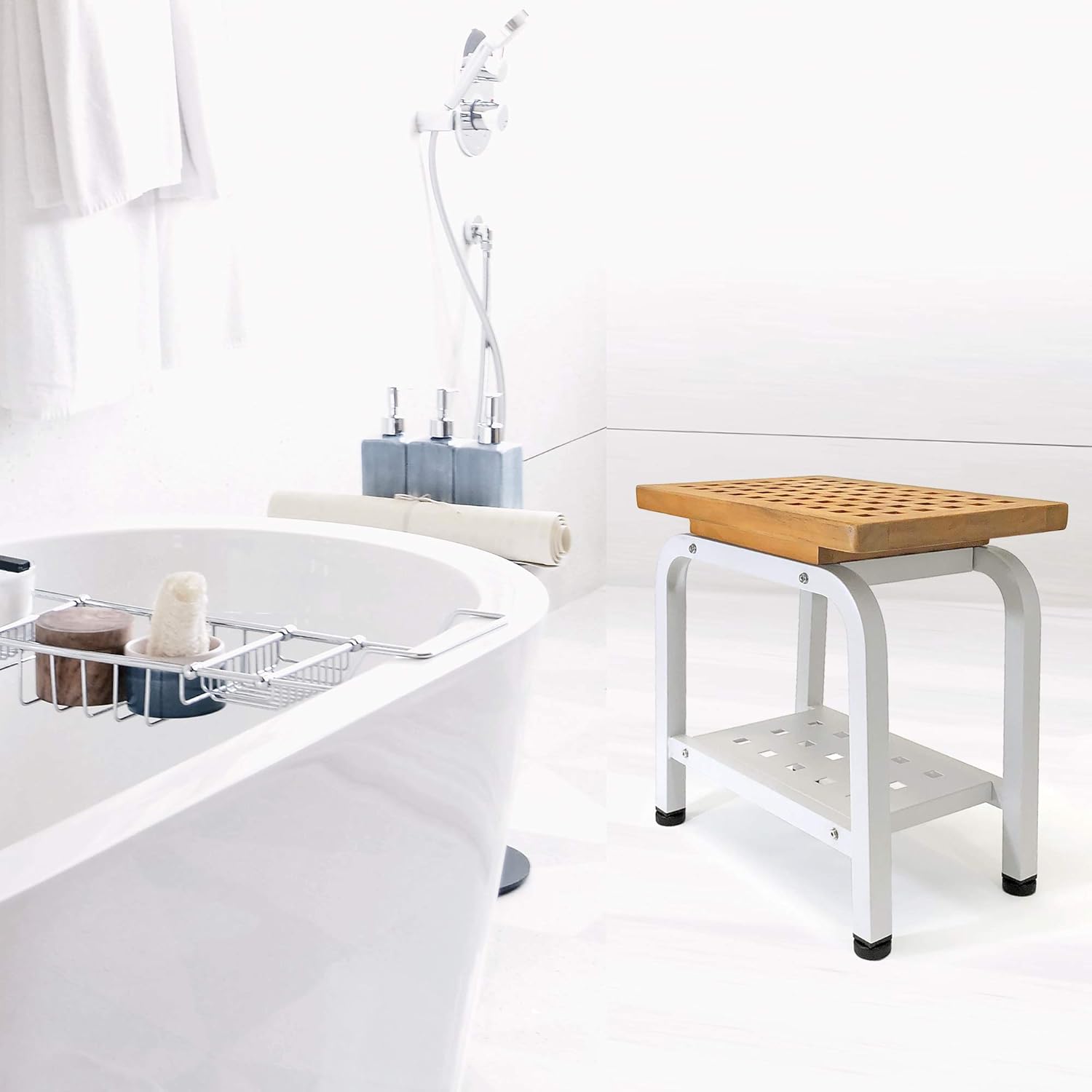 Maya Stool Bench, Teak & Aluminum Shower/Bath/Spa/Patio/Swimming Pool/Beach , Chair/Side Table for Indoor/Outdoor, Adjustable TPR Foot Pads, (Light Gray)