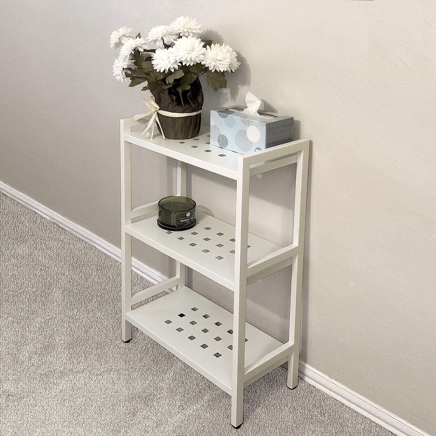 Asta 3-Tier Free Standing Rectangular Bathroom Utility Storage Shelf Rack, Powder-Coated Metal Storage Shelf Stand, 22 inch W x 11 inchd x 35 inch H, Light Beige