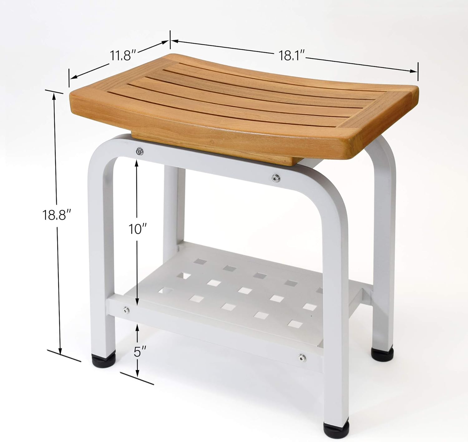Bali Shower Bench, Teak & Aluminum Shower/Bath/Spa/Patio Stool Bench, Chair/Side Table with Storage Shelf for Indoor/Outdoor, Adjustable TPR Foot Pads,