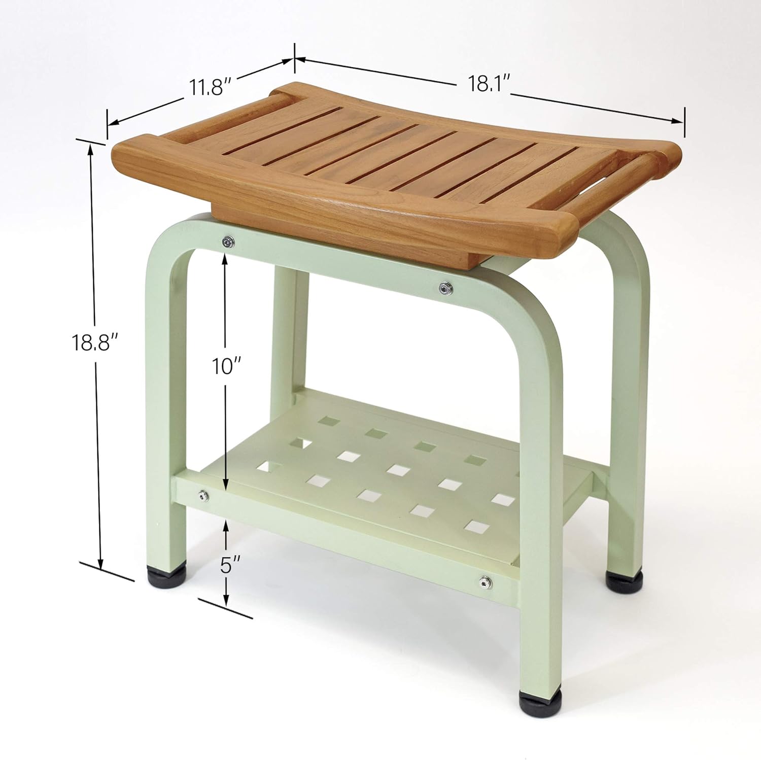 Ritz Shower Bench, Teak & Aluminum Shower/Bath/Spa/Patio Stool Bench, Chair/Side Table with Storage Shelf for Indoor/Outdoor, Adjustable TPR Foot Pads, B104/SGE (Light Sage)