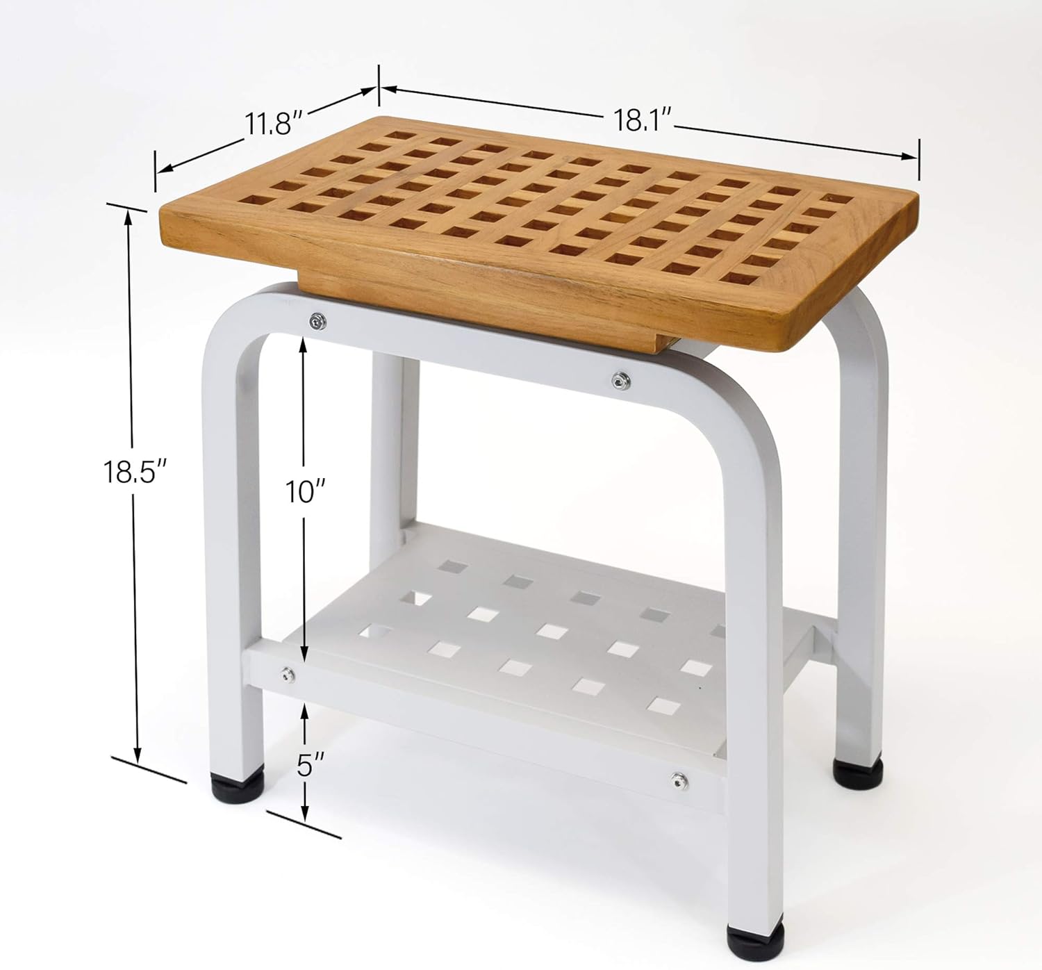 Maya Stool Bench, Teak & Aluminum Shower/Bath/Spa/Patio/Swimming Pool/Beach , Chair/Side Table for Indoor/Outdoor, Adjustable TPR Foot Pads, (Light Gray)