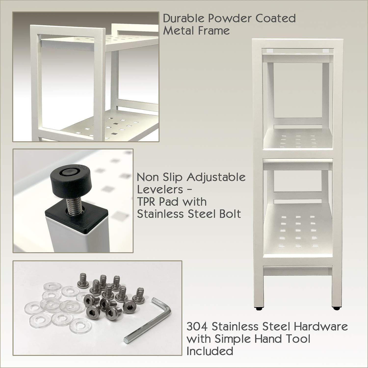 Asta 3-Tier Free Standing Rectangular Bathroom Utility Storage Shelf Rack, Powder-Coated Metal Storage Shelf Stand, 22 inch W x 11 inchd x 35 inch H, Light Beige