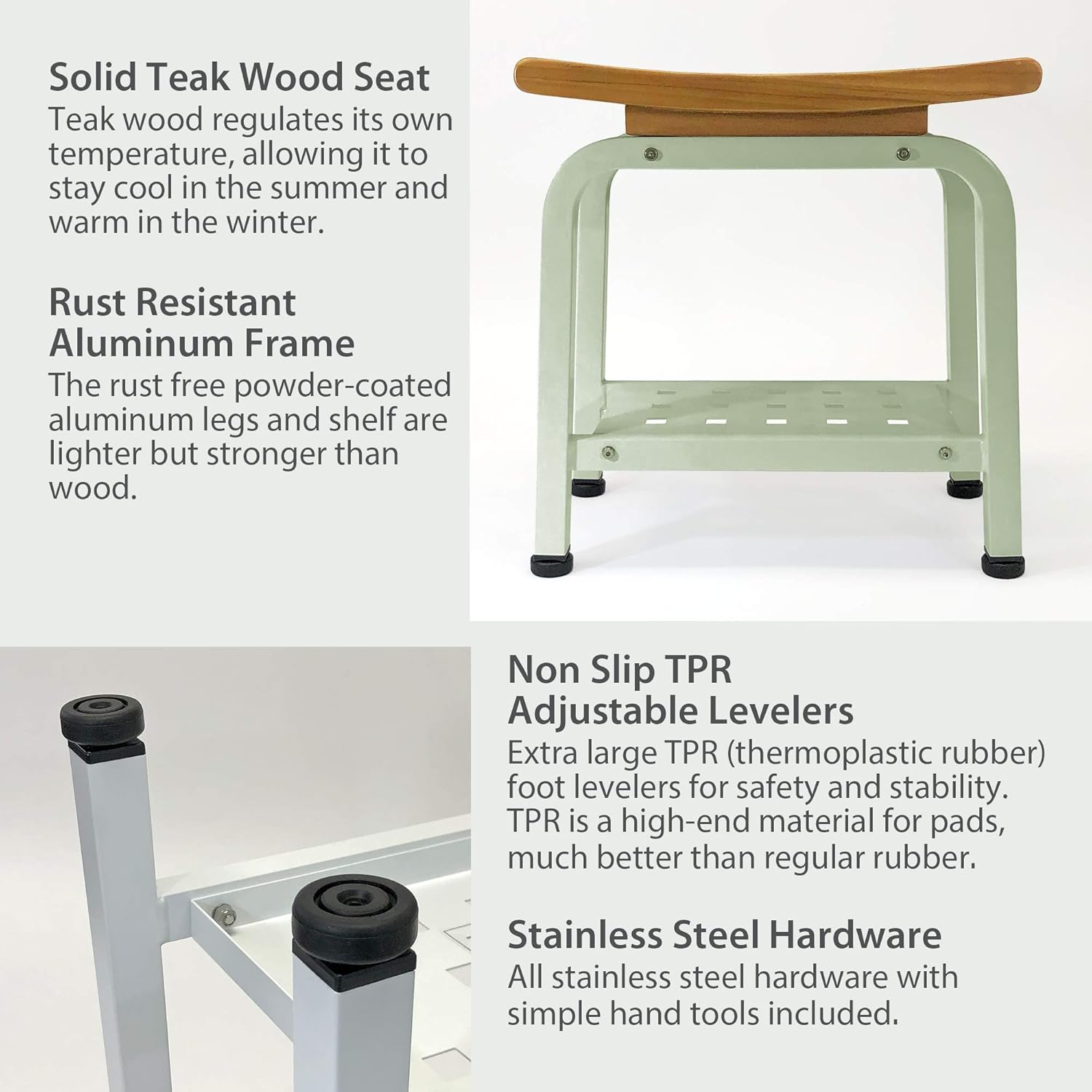 Ritz Shower Bench, Teak & Aluminum Shower/Bath/Spa/Patio Stool Bench, Chair/Side Table with Storage Shelf for Indoor/Outdoor, Adjustable TPR Foot Pads, B104/SGE (Light Sage)