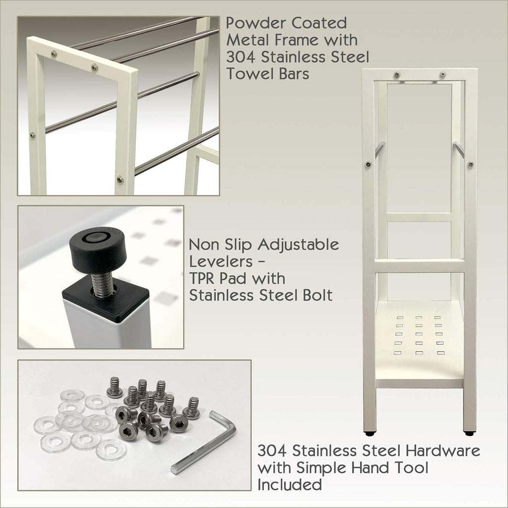 Asta Freestanding 4-Bar Towel Rack with Stainless Steel Towel Bars and Storage Shelf. Powder-Coated Metal Organizer with Adjustable TPR Levelers for Bath, Towels and Much More. (Light Beige)