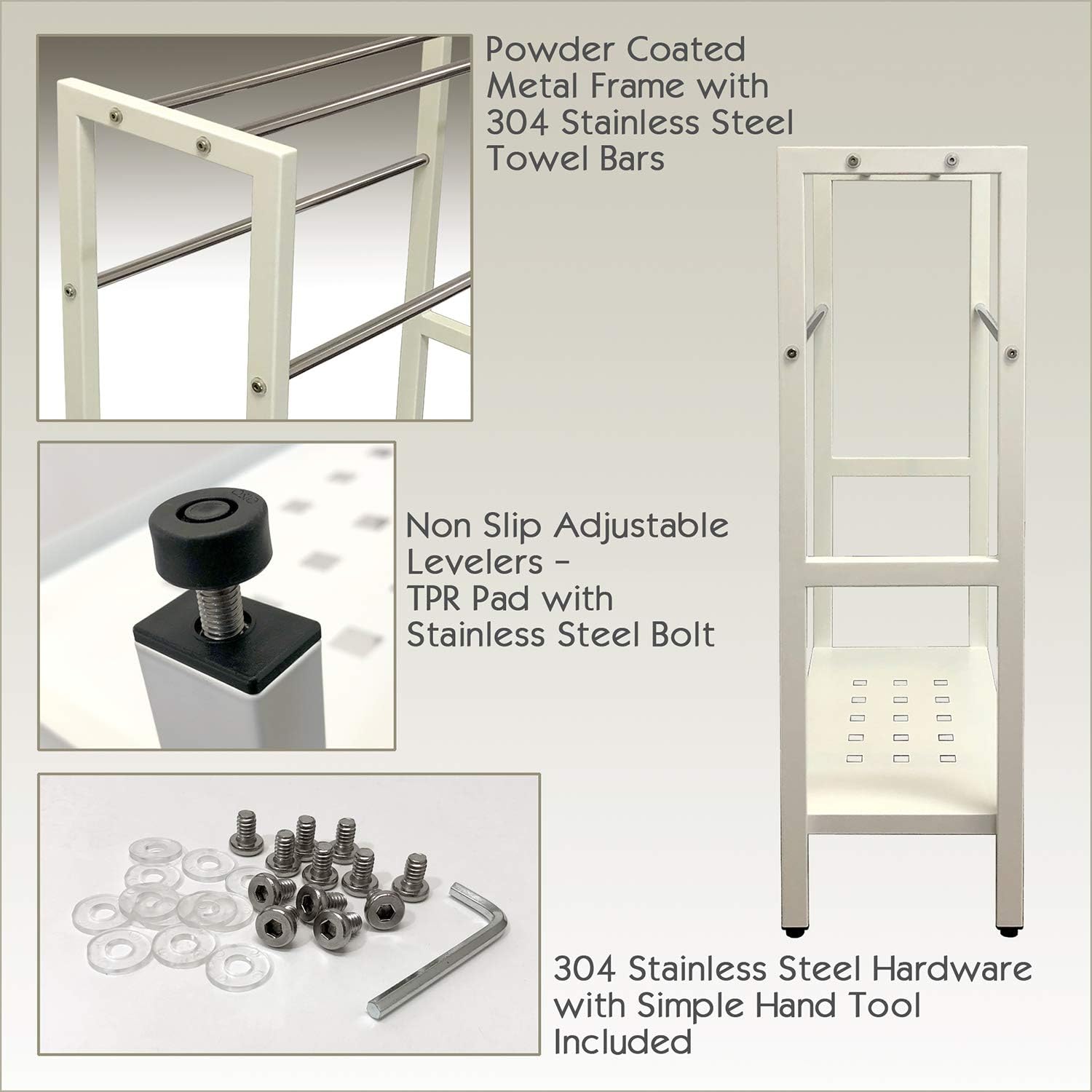 Asta Freestanding 4-Bar Towel Rack with Stainless Steel Towel Bars and Storage Shelf. Powder-Coated Metal Organizer with Adjustable TPR Levelers for Bath, Towels and Much More. (Light Beige)