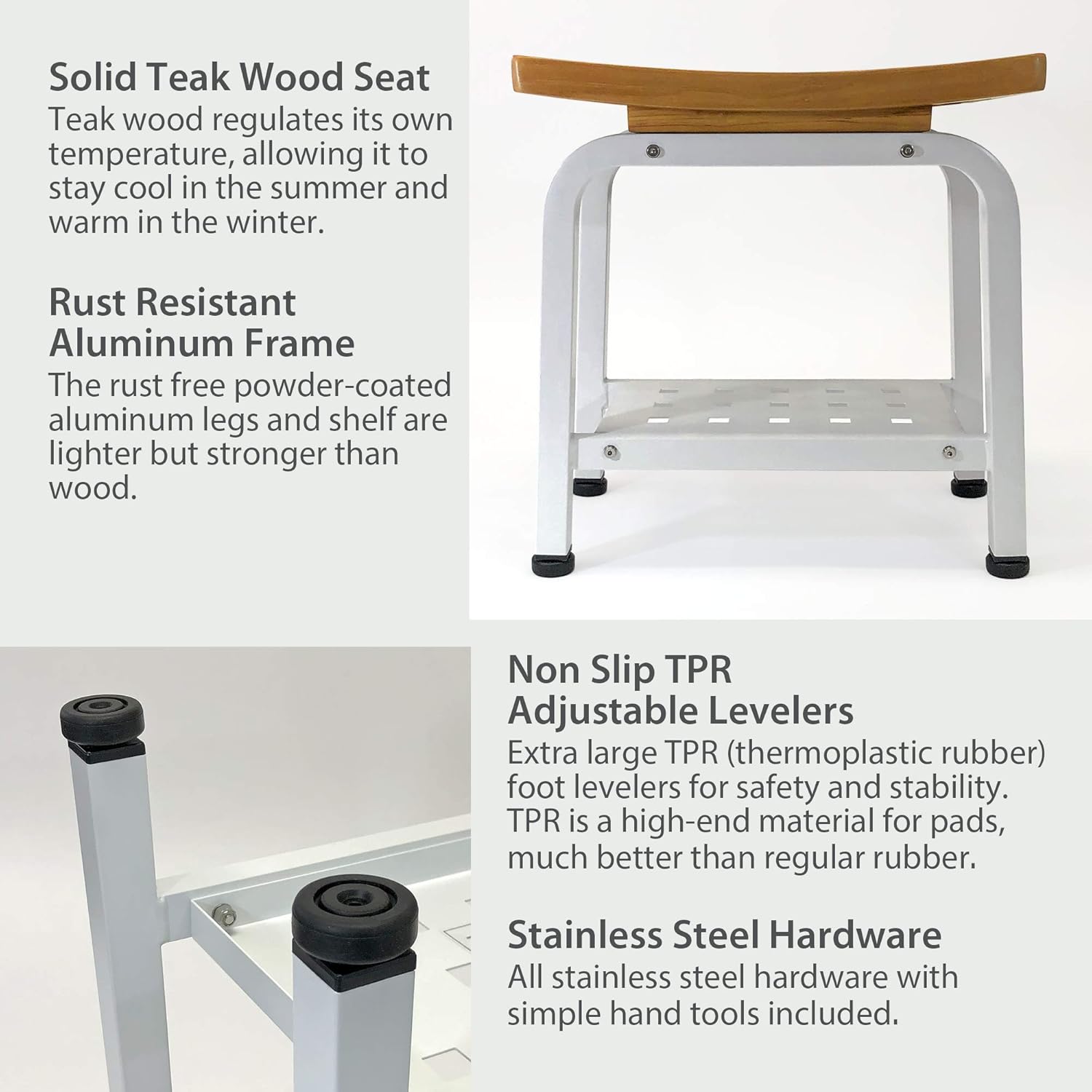 Bali Stool, Bench, Teak & Aluminum Shower/Bathroom/Spa/Patio/Swimming, Chair/Side Table Indoor/Outdoor, Adjustable TPR Foot Pads, B103/WHT (Pure White)