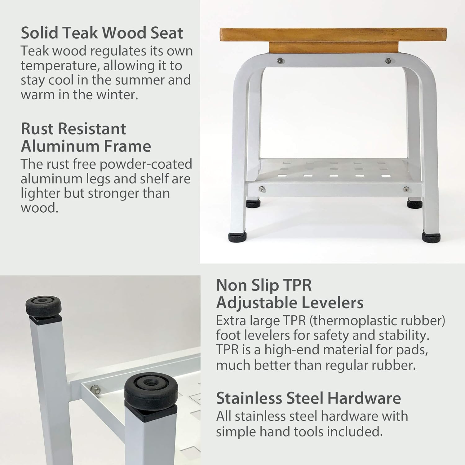 Maya Stool Bench, Teak & Aluminum Shower/Bath/Spa/Patio/Swimming/Pool/Beach , Chair/Side Table for Indoor/Outdoor, Adjustable TPR Foot Pads, (Pure White)