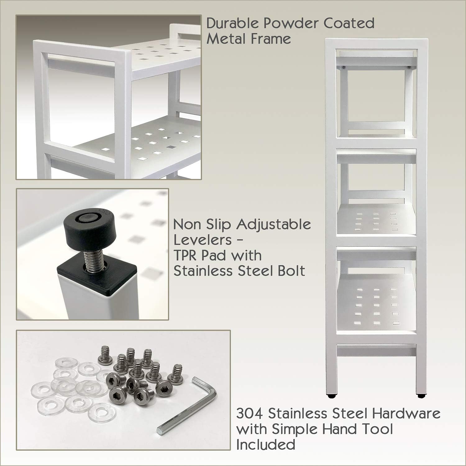 Asta 4-Tier Free Standing Rectangular Bathroom Utility Storage Shelf Rack, Powder-Coated Metal Storage Shelf Stand, Light Grey, 22W x 11D x 40H