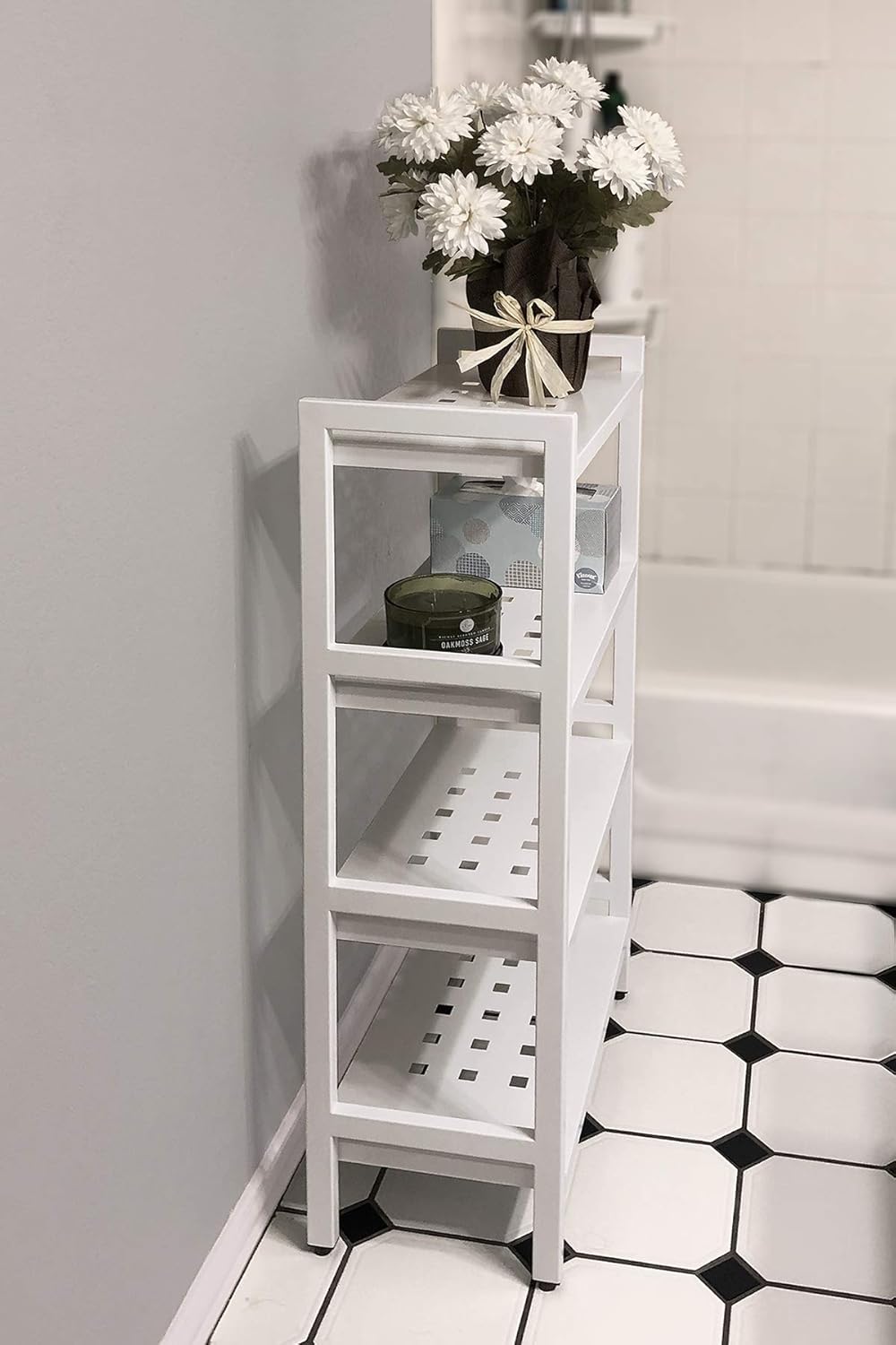 Asta 4-Tier Free Standing Rectangular Bathroom Utility Storage Shelf Rack, Powder-Coated Metal Storage Shelf Stand, Light Grey, 22W x 11D x 40H
