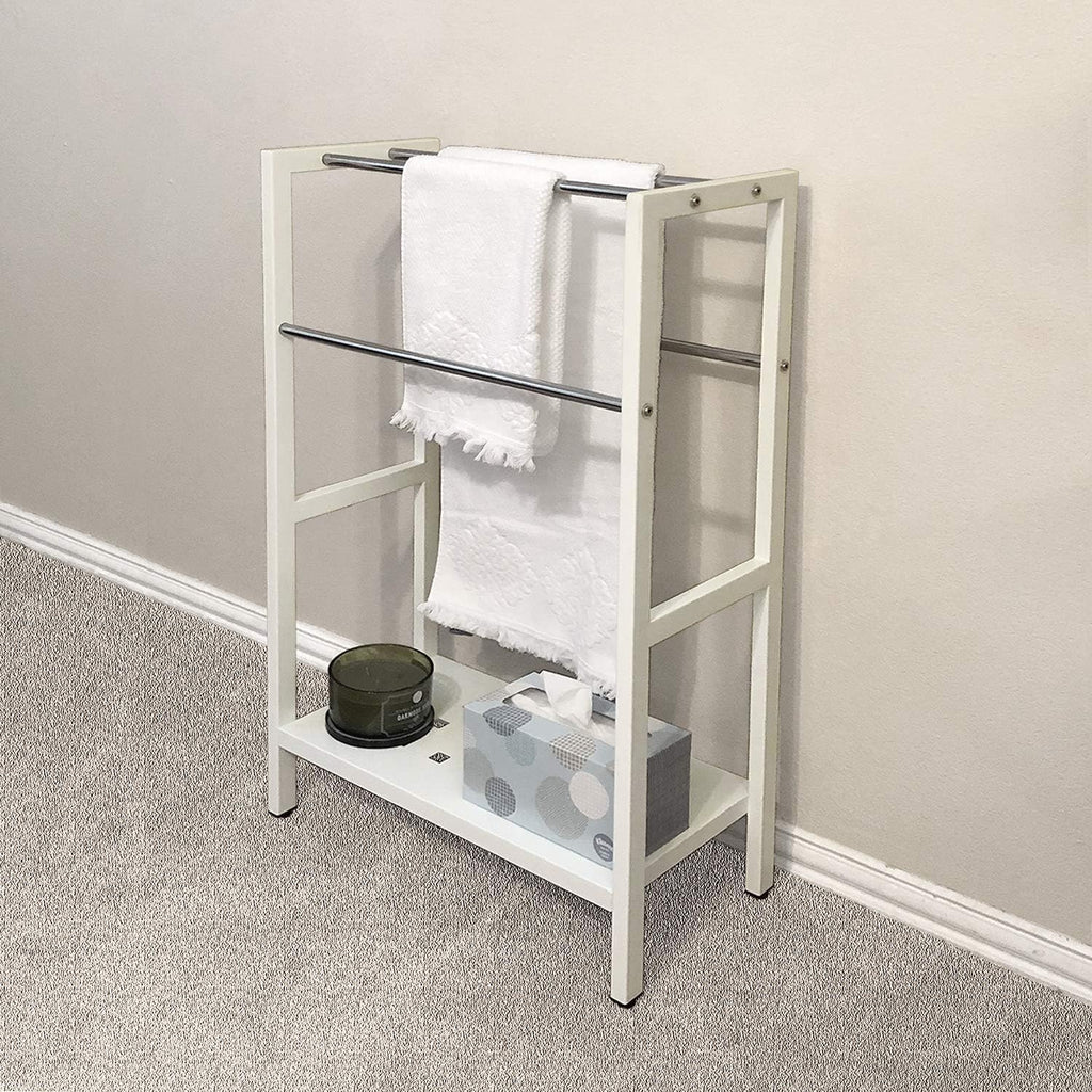 Asta Freestanding 4-Bar Towel Rack with Stainless Steel Towel Bars and Storage Shelf. Powder-Coated Metal Organizer with Adjustable TPR Levelers for Bath, Towels and Much More. (Light Beige)
