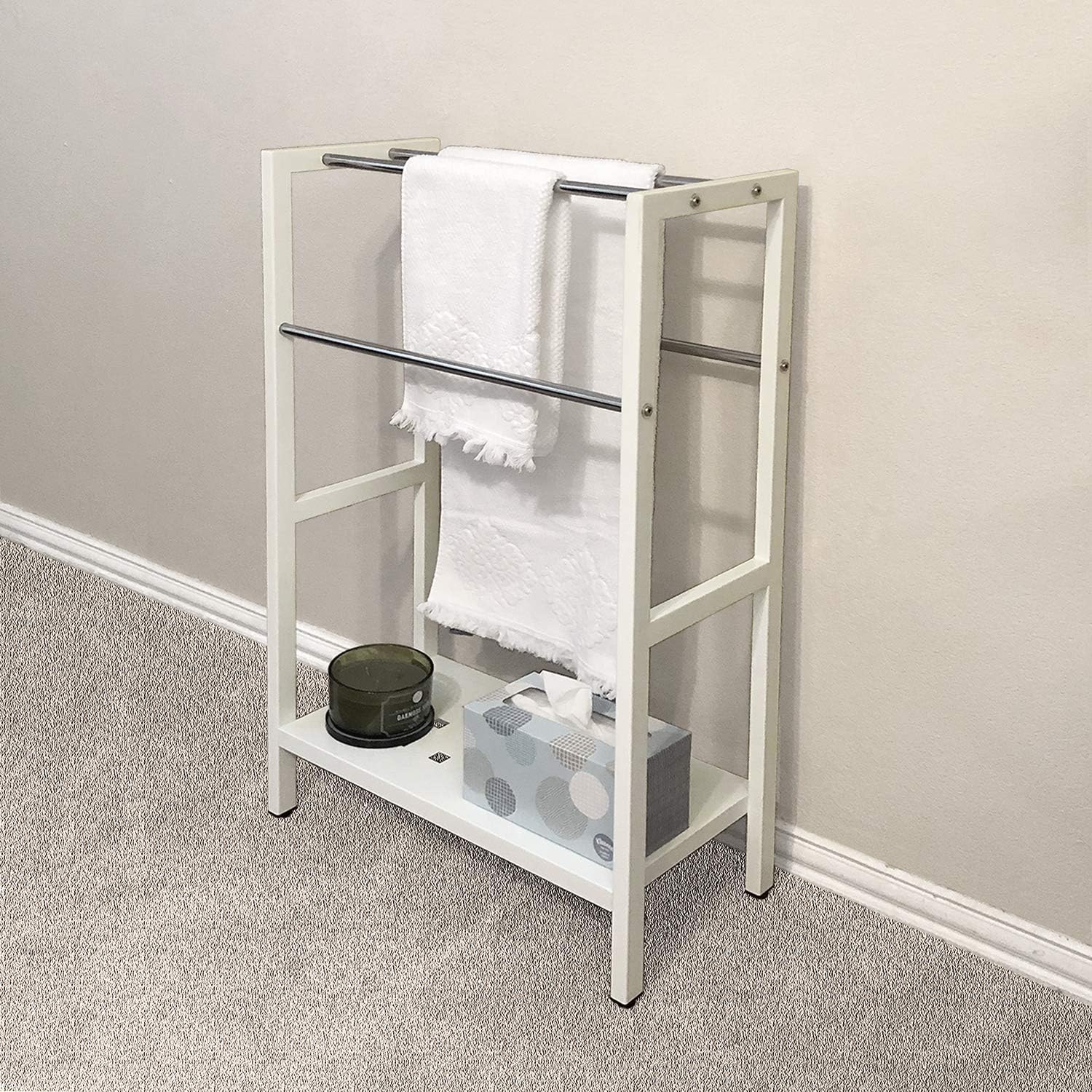 Asta Freestanding 4-Bar Towel Rack with Stainless Steel Towel Bars and Storage Shelf. Powder-Coated Metal Organizer with Adjustable TPR Levelers for Bath, Towels and Much More. (Light Beige)