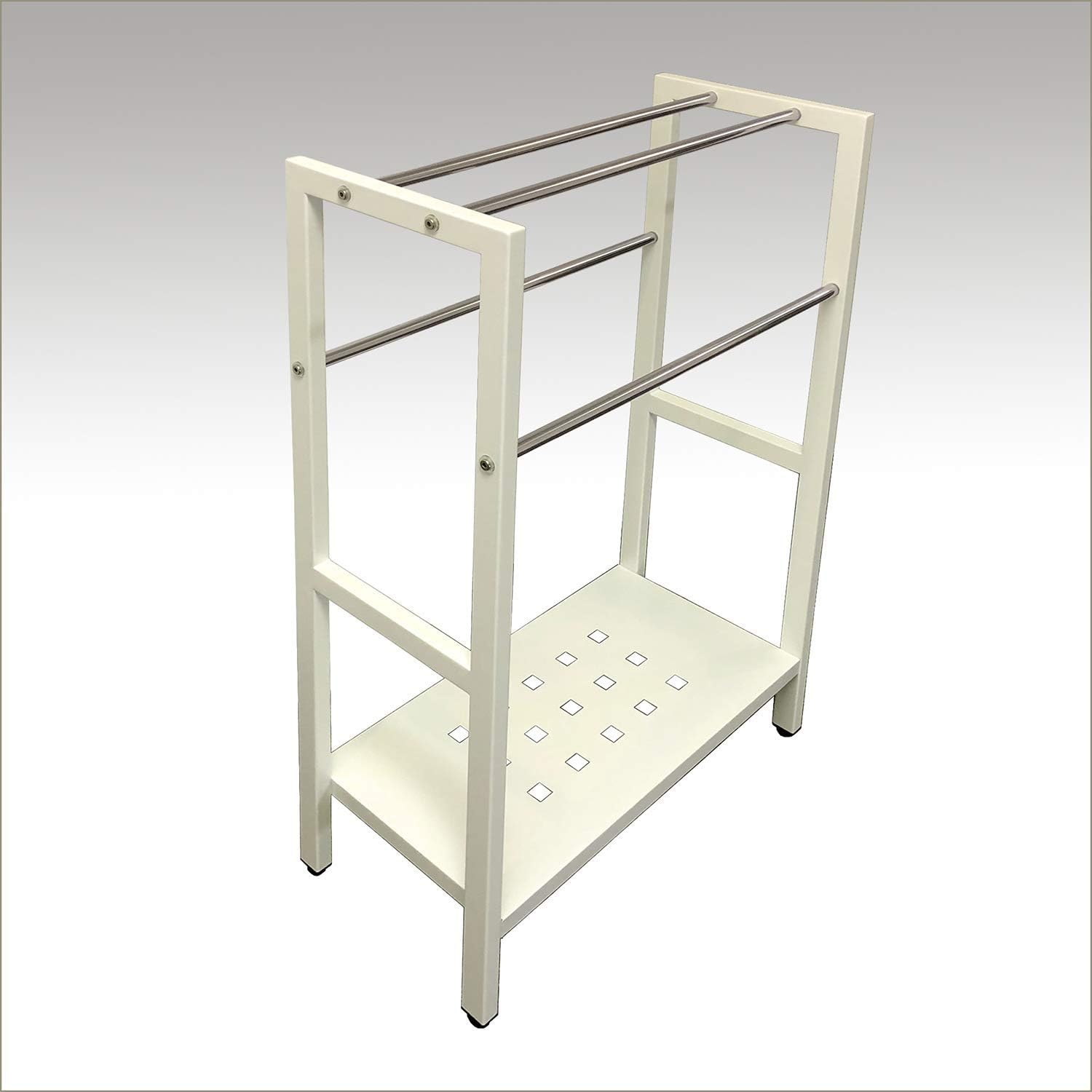 Asta Freestanding 4-Bar Towel Rack with Stainless Steel Towel Bars and Storage Shelf. Powder-Coated Metal Organizer with Adjustable TPR Levelers for Bath, Towels and Much More. (Light Beige)
