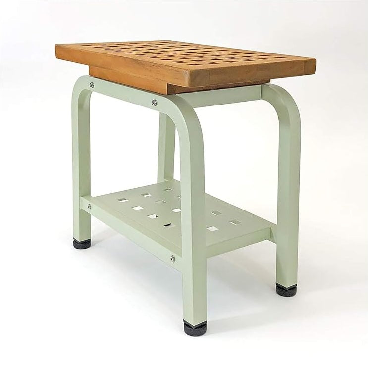 Maya Stool Bench, Teak & Aluminum Shower/Bath/Spa/Patio/Swimming/Pool/Beach , Chair/Side Table for Indoor/Outdoor, Adjustable TPR Foot Pads, Light Sage