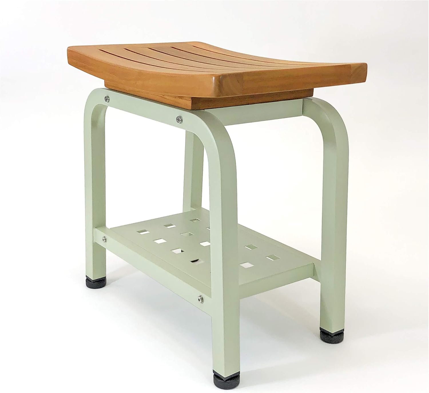 Bali Stool, Bench, Teak & Aluminum Shower/Bathroom/Spa/Patio/Swimming, Chair/Side Table Indoor/Outdoor, Adjustable TPR Foot Pads, B103/SGE (Light Sage)