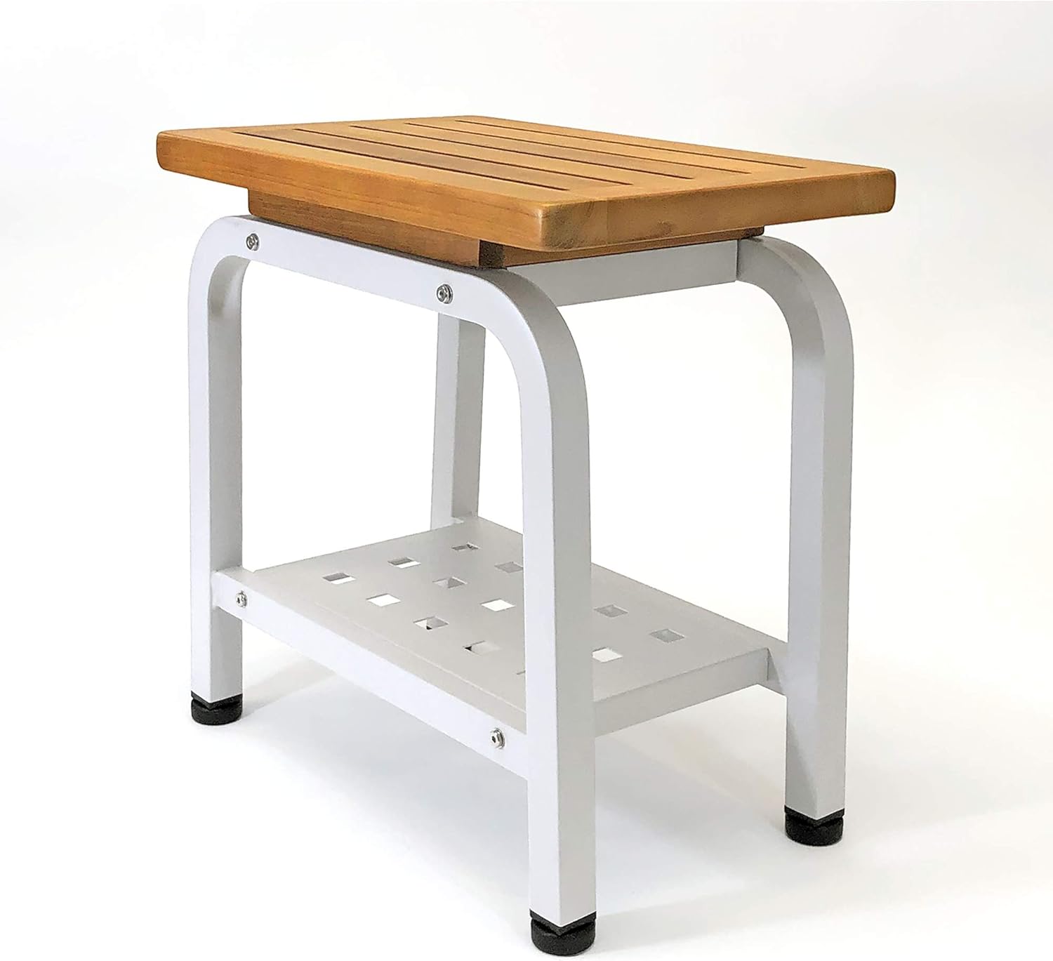 Aman Stool Bench, Teak & Aluminum Shower/Bath/Spa/Patio/Swimming/Pool/Beach , Chair/Side Table for Indoor/Outdoor, Adjustable TPR Foot Pads, Light Gray
