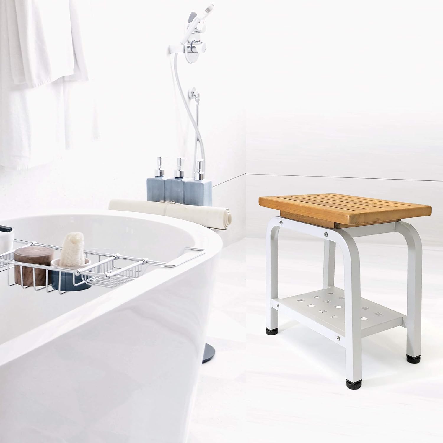 Aman Stool Bench, Teak & Aluminum Shower/Bath/Spa/Patio/Swimming/Pool/Beach , Chair/Side Table for Indoor/Outdoor, Adjustable TPR Foot Pads, Light Gray